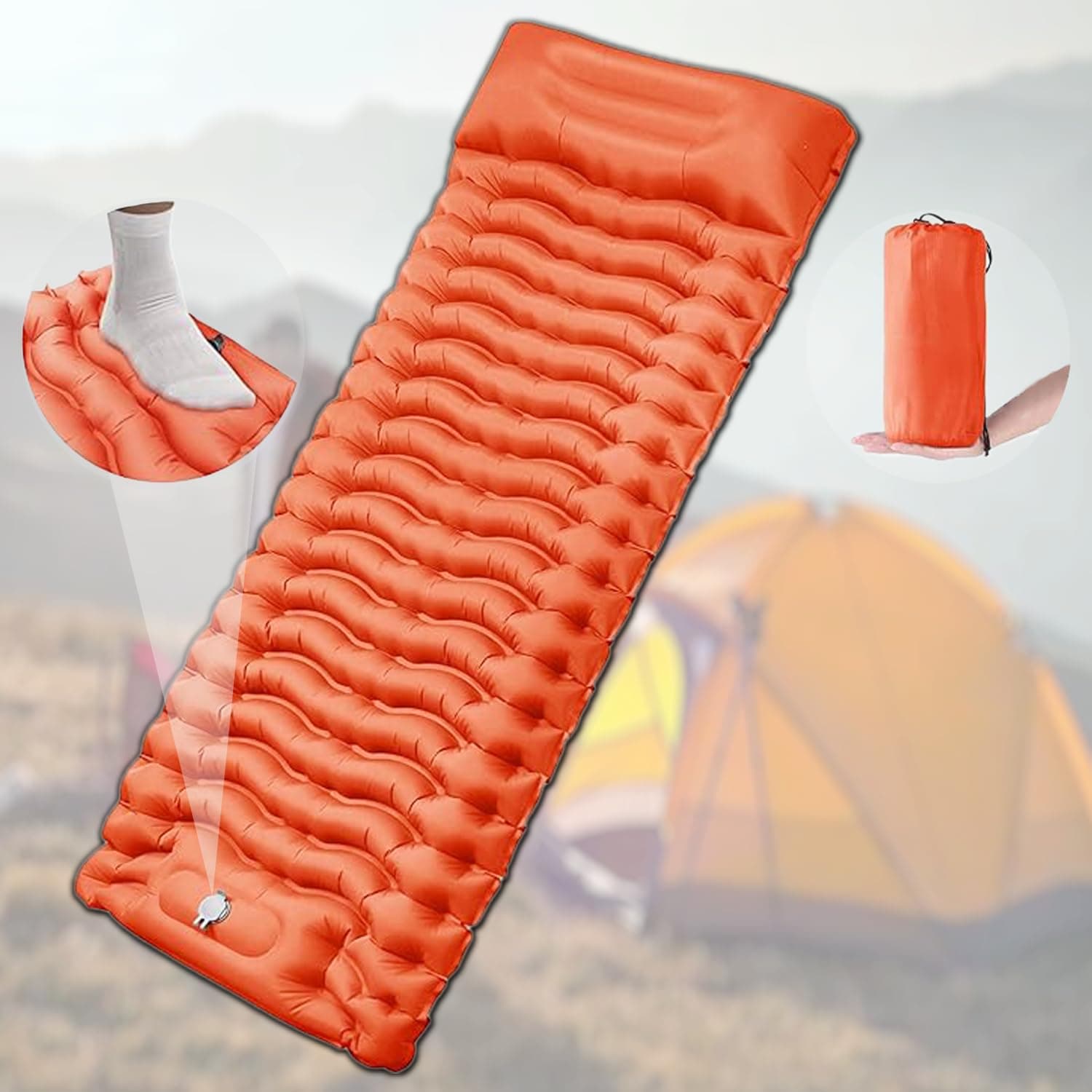 Self Inflating Sleeping Pad with Foot Pump 190X64 Built-in Pump Foldable Sleeping Mat with Pillow for Camping Hiking Durable Inflatable Air Mattress - Carry Bag, Repair Patches (Bright Orange)