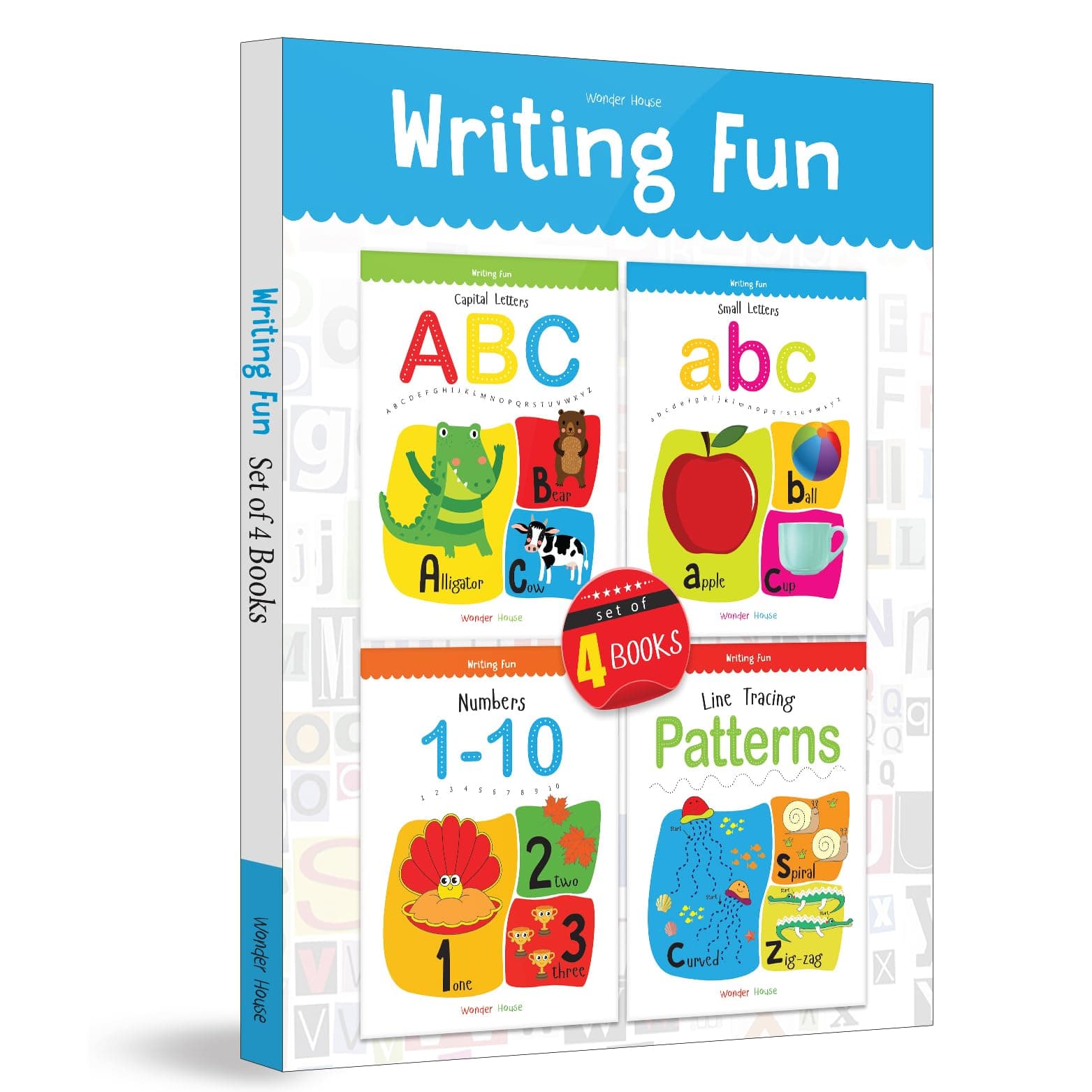 Writing Fun A Set Of 4 Books : Write And Practice Capital Letters, Small Letters and Numbers 1 to 2