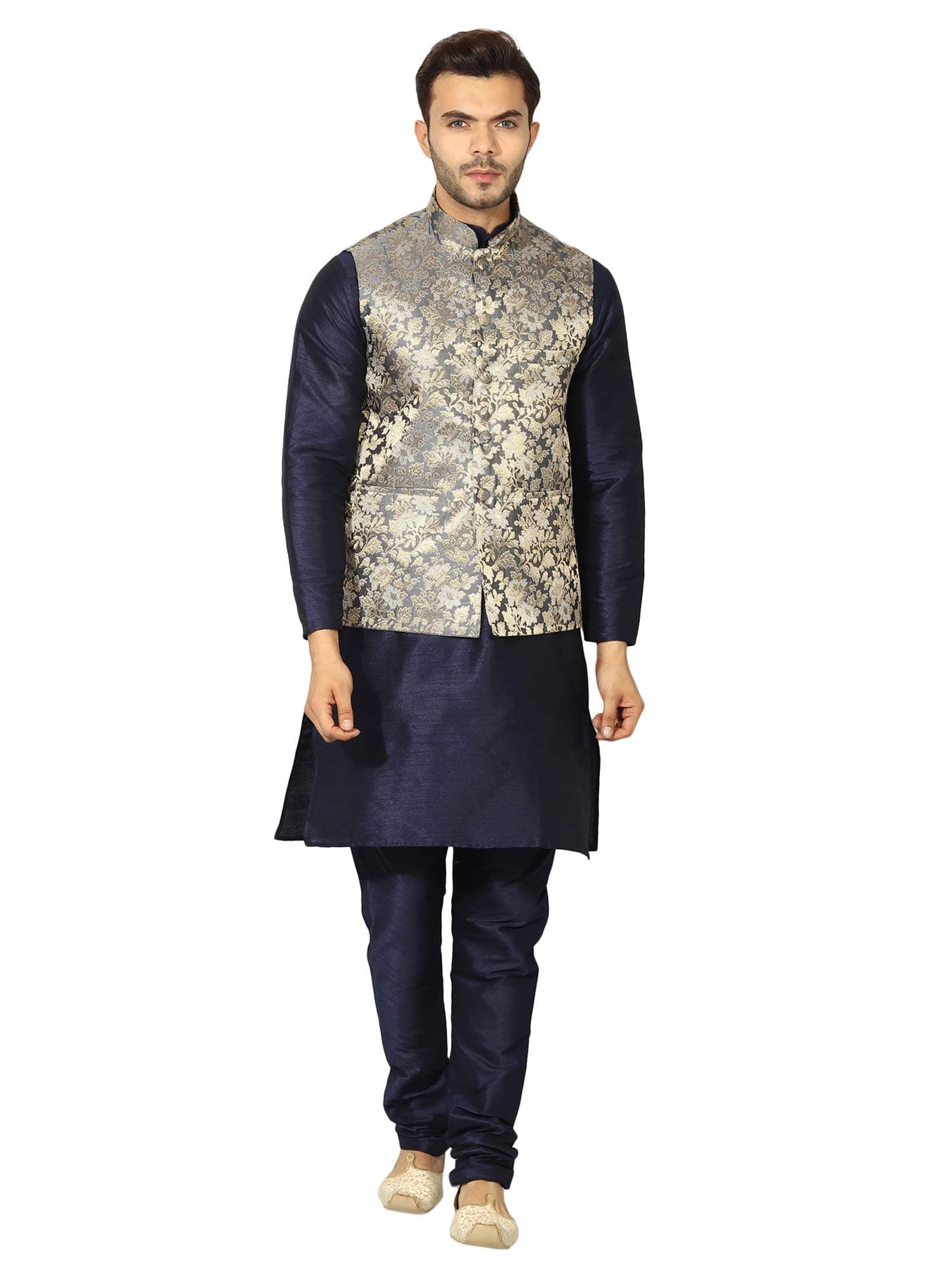 Uri and MacKenzie Men's Silk Blend Regular Kurta Churidar Pyjama with Bundi Nehru Jacket/Waistcoat