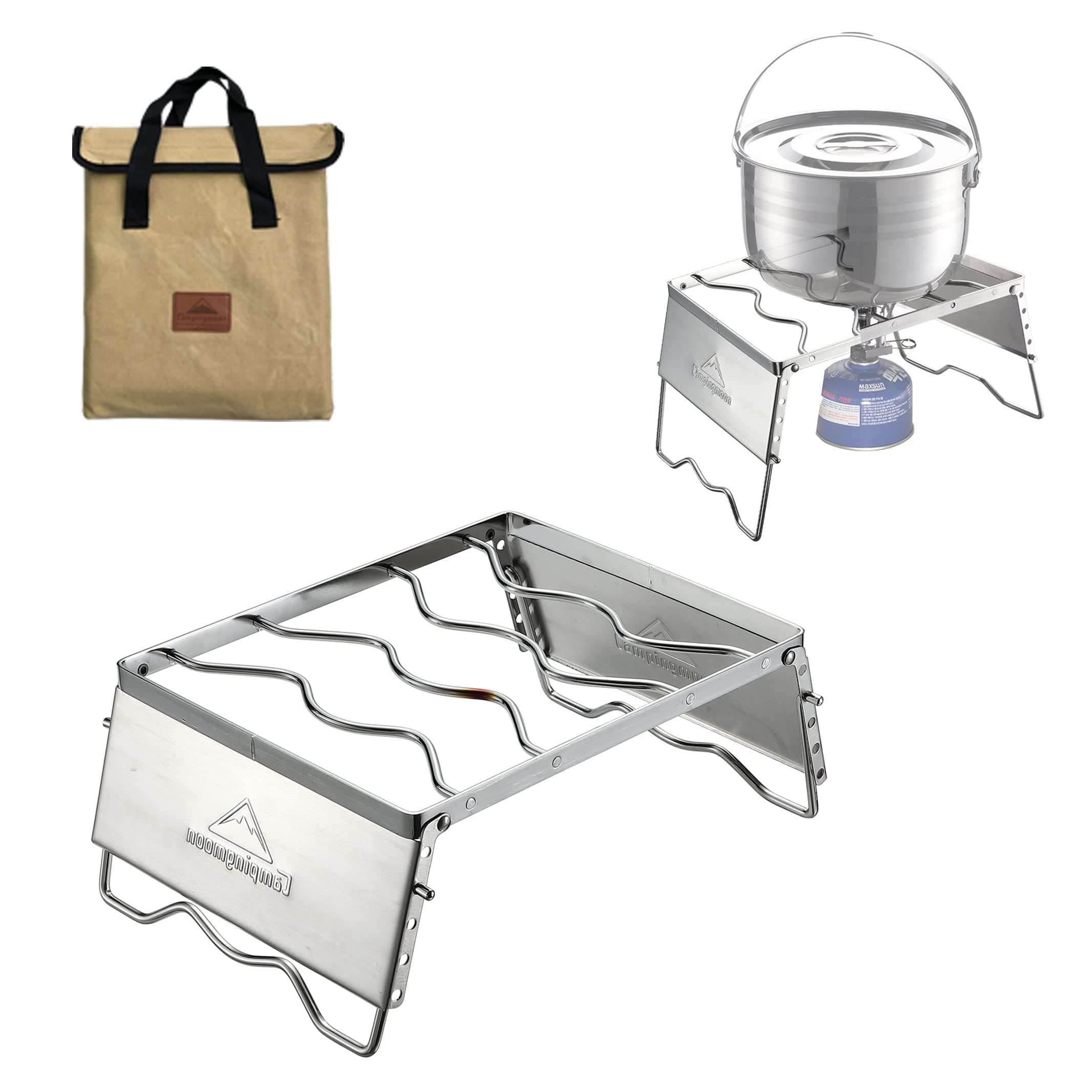 CAMPINGMOON 304 Stainless Steel Portable Open Fire Campfire Grill Dutch Oven Cooking Wear with Windscreen Legs and Carry Bag MS-1018