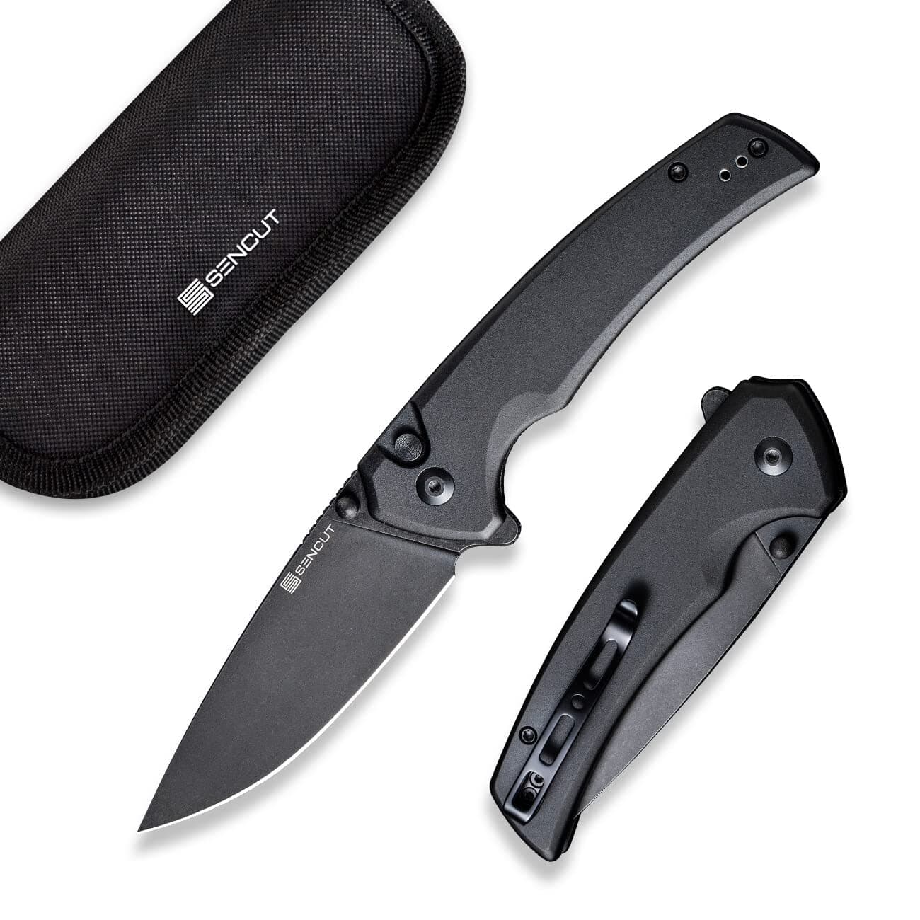 SENCUT Button Lock Pocket Knife for EDC, Serene Folding Knife, Thumb Stud & Flipper Opener, Aluminum Handle with 3.48" D2 Black Stonewashed Blade for Outdoor, Camping, Hunting S21022B-1 (Black)