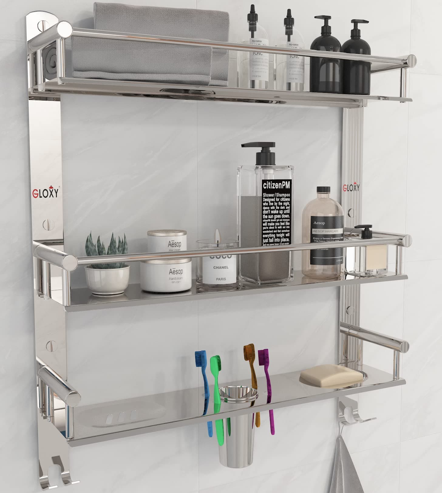 GLOXY ENTERPRISE Stainless Steel 3 Layer Multipurpose Bathroom Storage Organizer Shelf for Bathroom with Double Soap Dish, Toothbrush Holder, Bathroom Shelves (15 x 5 x 19 inch, Mirror Finish)