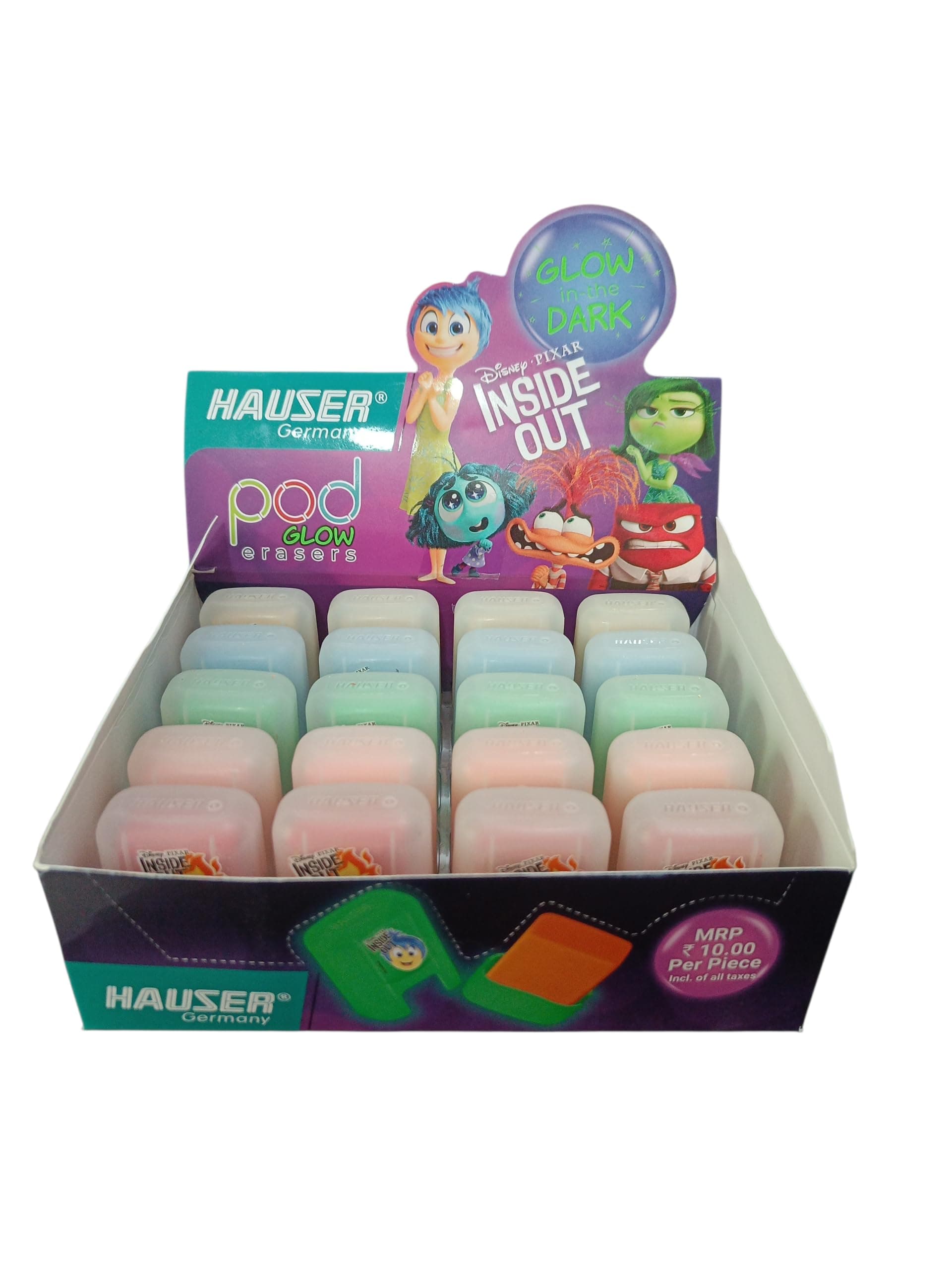 Pod Glow in The Dark Erasers with Disney Pixar Inside Out Theme, Multicolour, 20 Count, Combo with Vesta Ball Pen