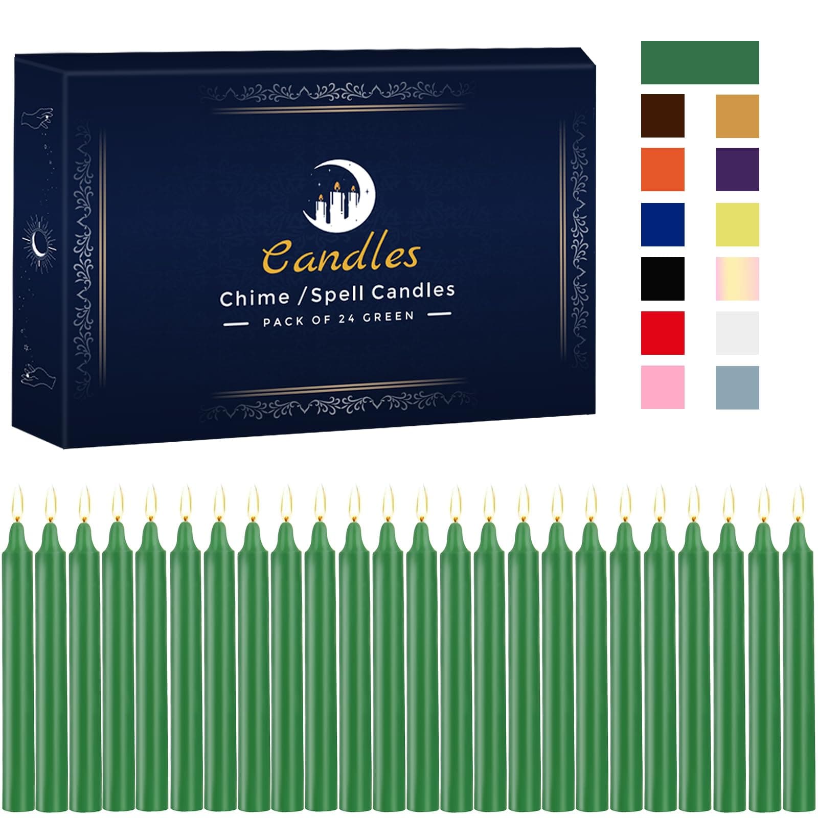 24 Pack Green Spell Chime Candles – Premium Mini Unscented Taper Candles for Rituals, Prayer, Birthdays, Meditation, Altar, Spells, Chime Candles - 4 Inch Tall - Ideal for Witches