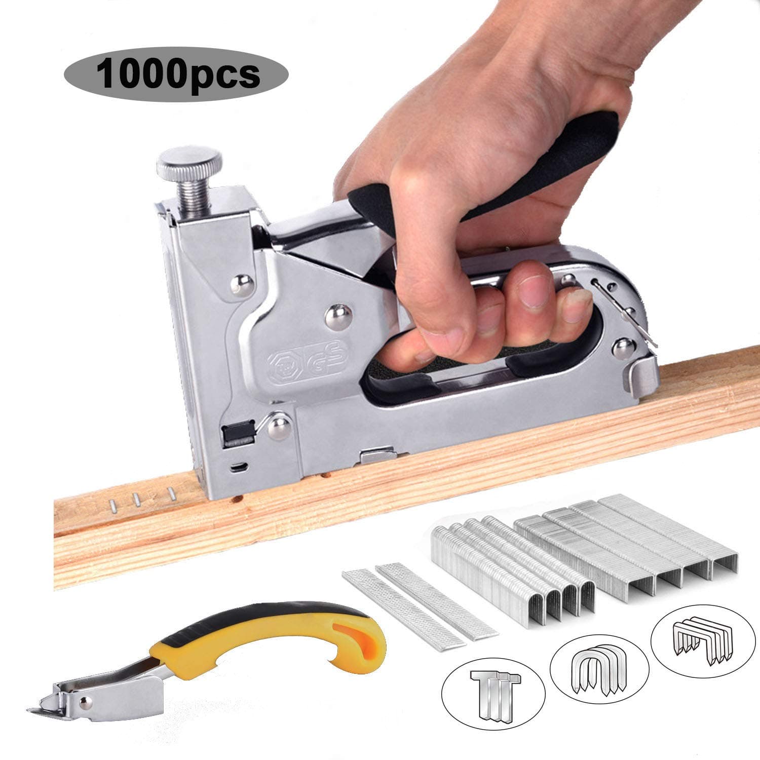 3-in-1 Staple Gun with Remover,Nail Puller, Upholstery Stapler, Heavy Duty Tacker Stainless Steel Brad Nail Gun, for Fixing Material, Carpentry, Furniture,Doors And Windows,1000 Staples (Sliver)