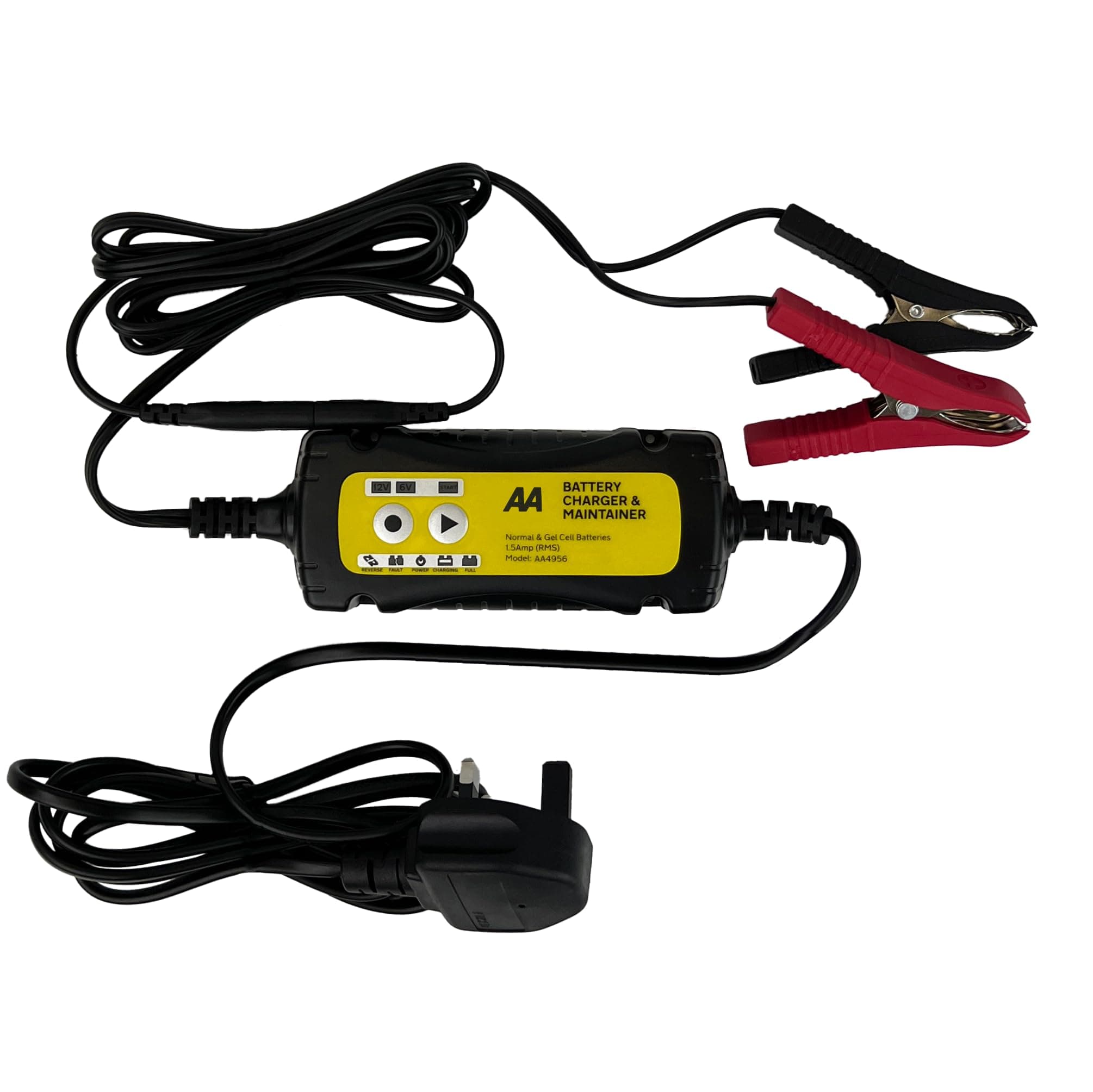 AA4956 Car Battery Charger Maintainer UK Plug Fully Automatic with Crocodile Clamps Eyelet Connectors As Used By AA Patrols,Black/Yellow,1.5 Amp 6 V/12 V, Packaging May Vary