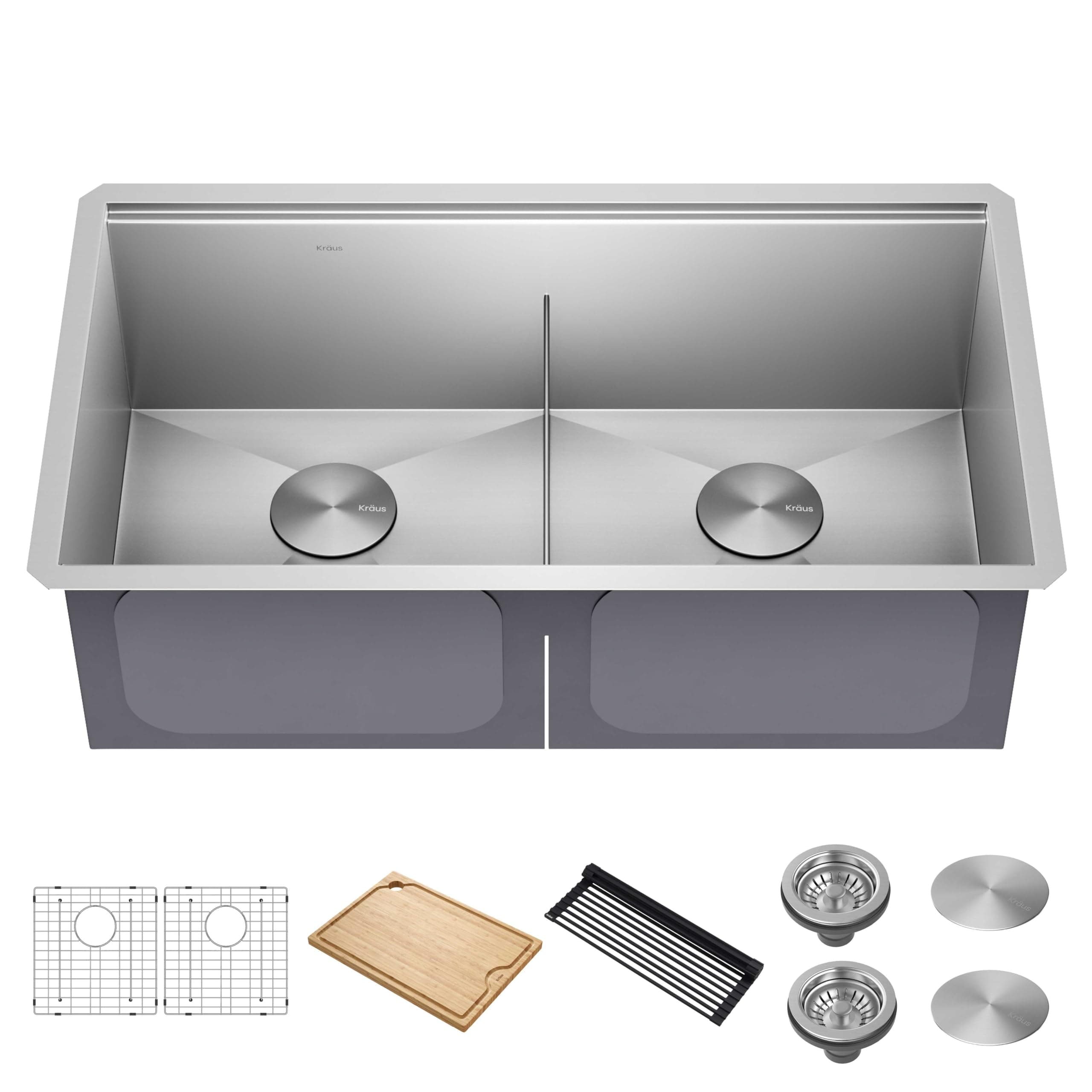 Kore 33-Inch Undermount Workstation 16 Gauge Double Bowl Stainless Steel Kitchen Sink with Accessories, KWU112-33