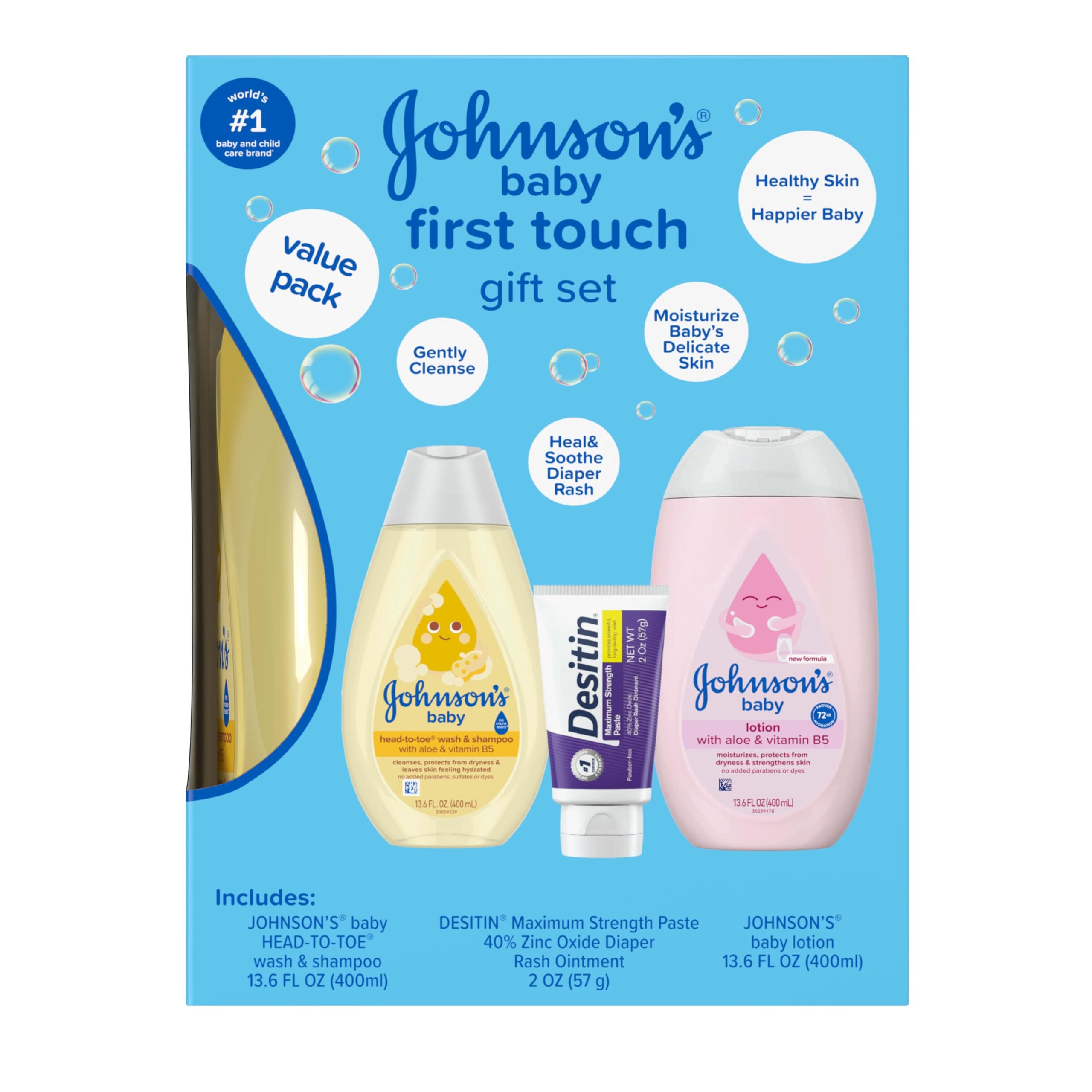 First Touch Baby Essentials Gift Set with Body Wash & Shampoo, Body Lotion, & Zinc Oxide Diaper Rash Cream for Baby's Delicate Skin, Hypoallergenic, No Parabens or Dyes, 3 Items