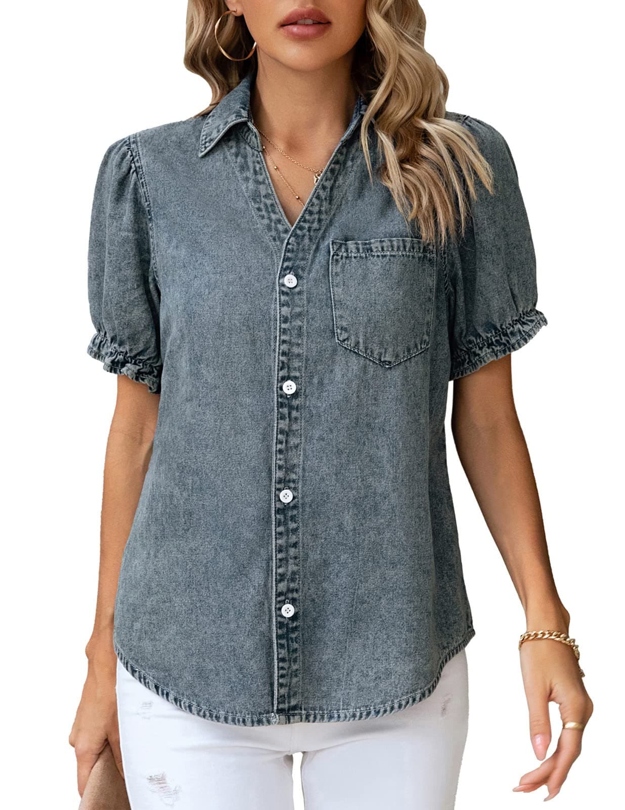 KANCY KOLE Womens Denim Shirts Button Down Short Puff Sleeve Lightweight Jeans Shirts with Pocket Business Casual Tops, Denim Blue, Large