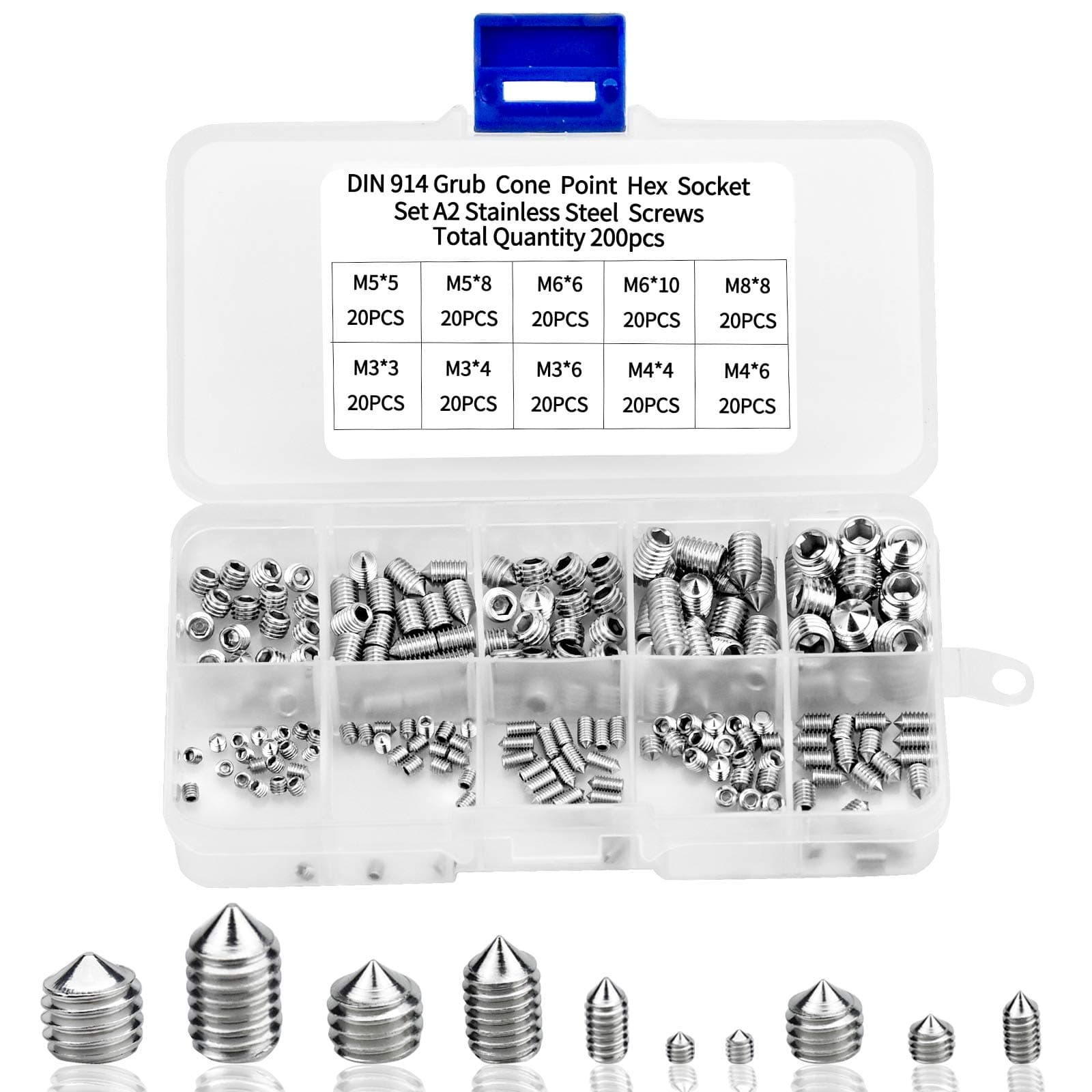 Grub Screws Mixed 200 Pcs A2 Stainless Steel Cone Point Screws M3 M4 M5 M6 M8 Metric Thread Socket Allen Key Grub Screw Set