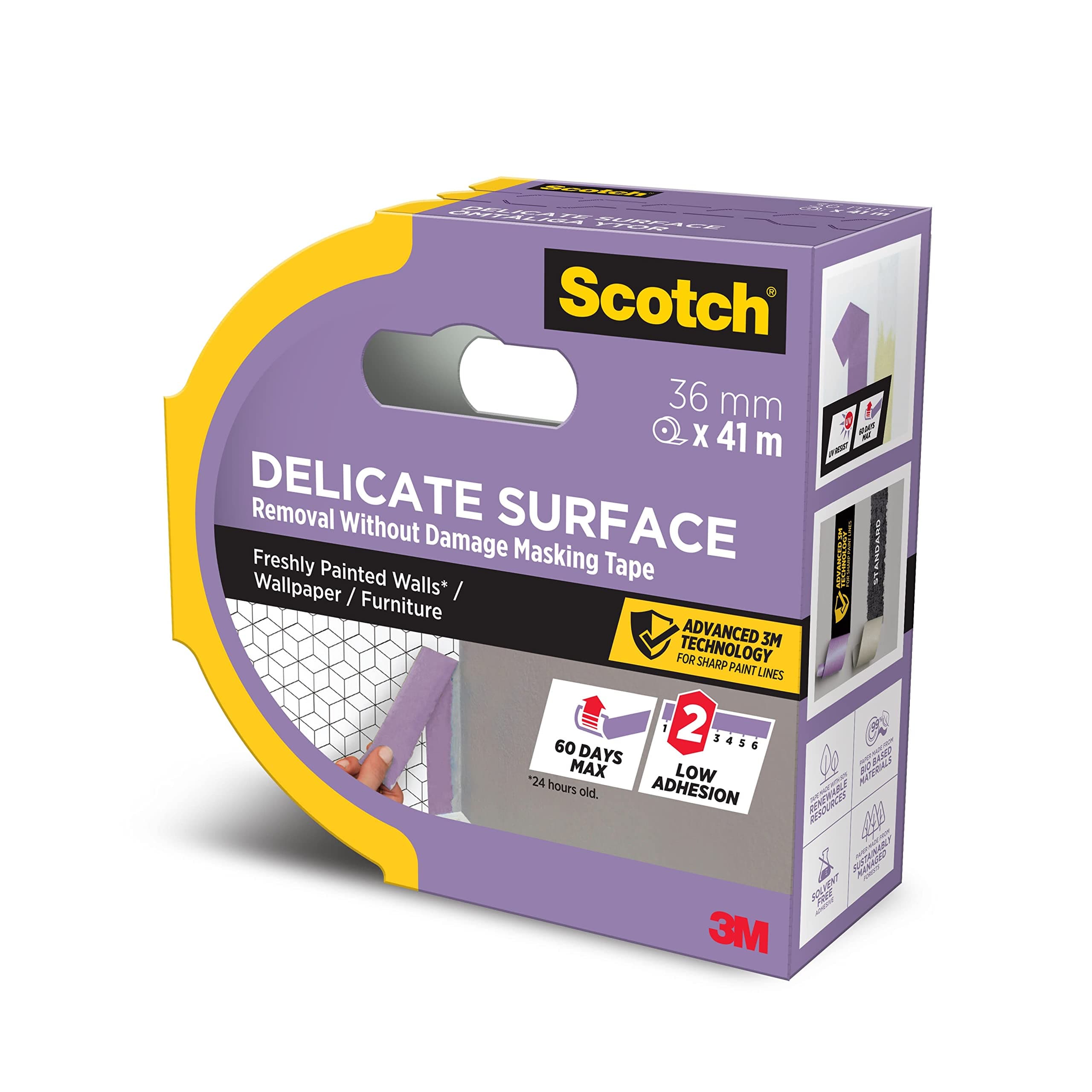 Scotch Delicate Surface Advanced Masking Tape, 36 mm x 41 m, Super-sharp Paint Lines, For Delicate Painting and Decorating Indoor, Painters Tape For Wallpaper and Furniture