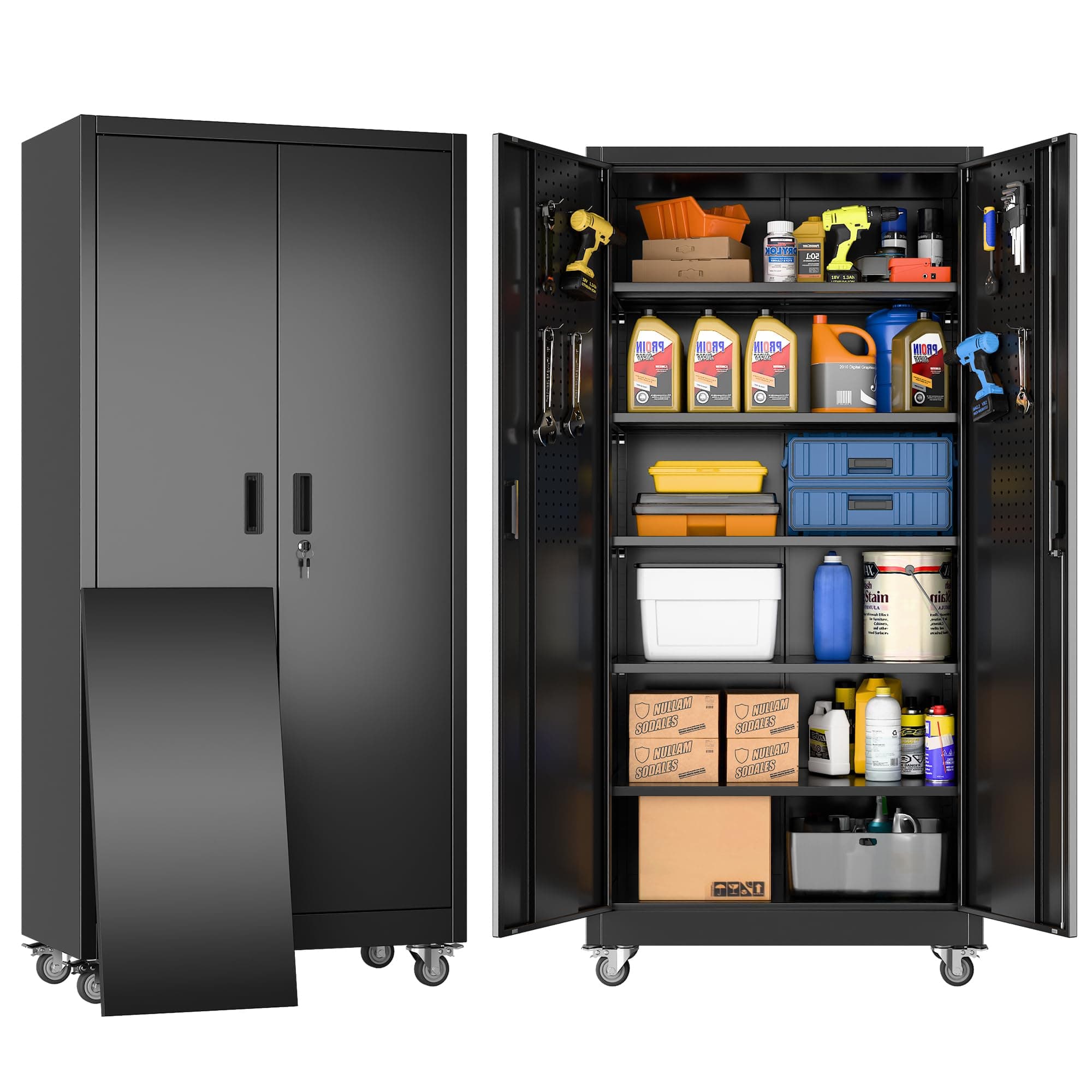 Garage Storage Cabinet with Wheels & Pegboard, 72" H Locking Metal Storage Cabinet with Doors and 4 Adjustable Shelves for Garage Workshop Home, Assembly Required, Black
