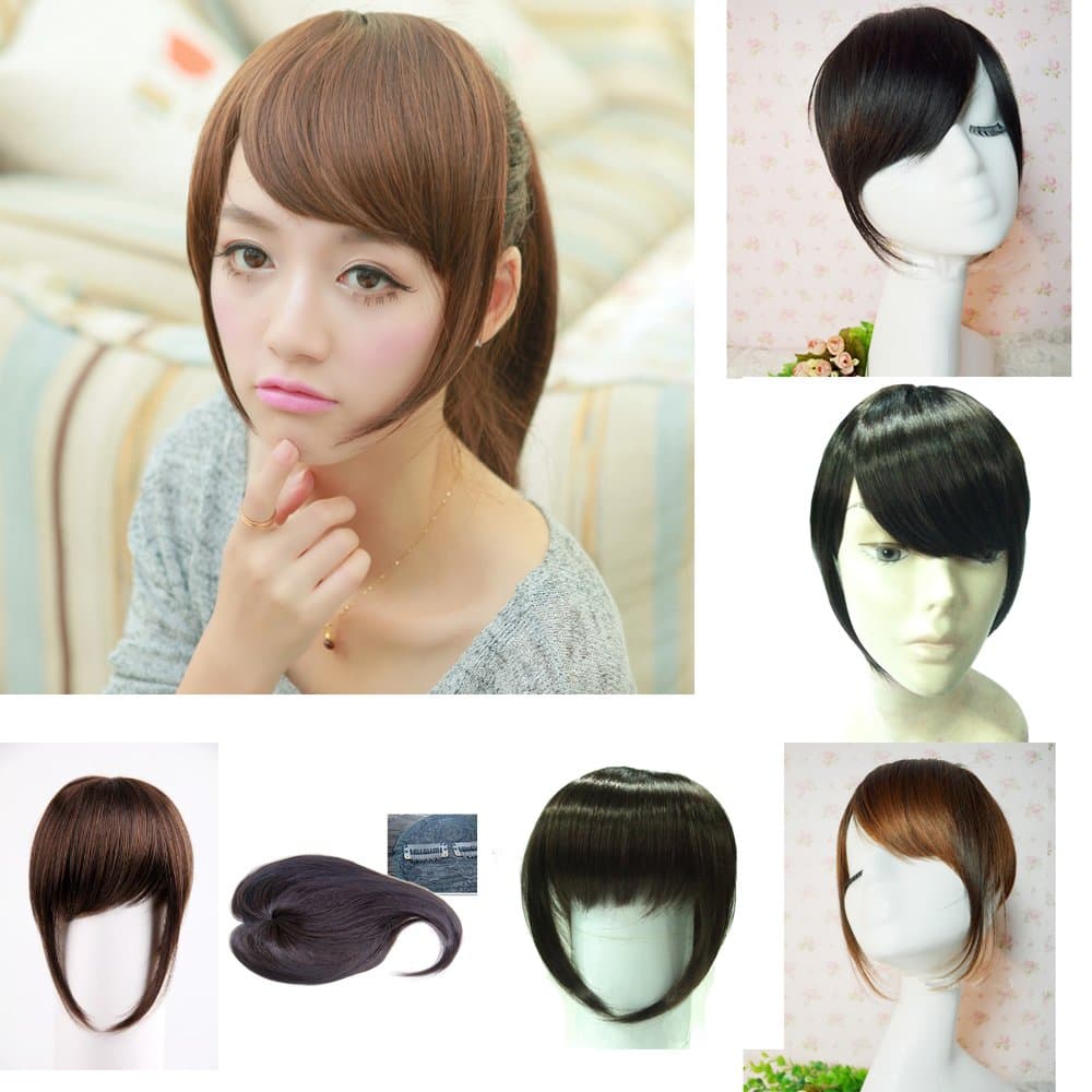 Maysu New Clip in Bangs Side Swept Hair Extensions Chip on Hairpieces Skin Top Design-chestnut brown
