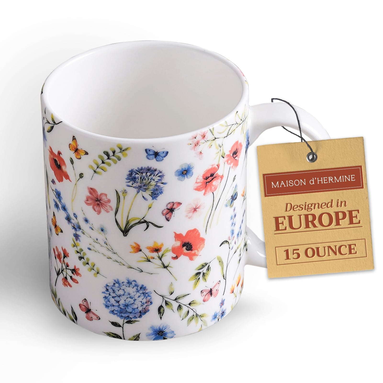 Maison d' Hermine Coffee Mug with Handles Fine Bone China Pack of One Coffee Mug for Hot Beverages Cappuccino Latte Home Restaurant Perfect for Men & Women (Just Floral - Blues 'N Redz, 15 Ounce)