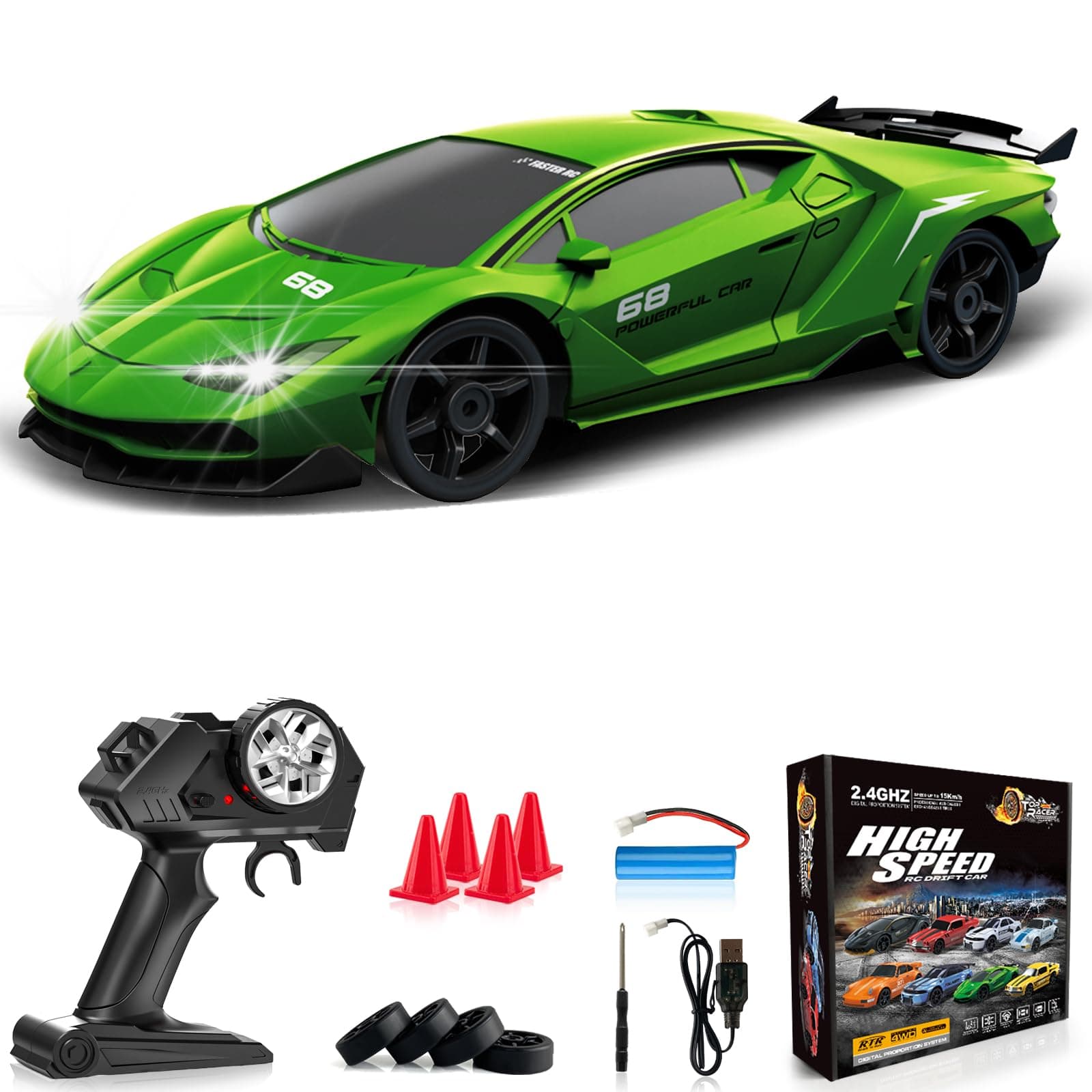 RC Drift Car 1:24 Remote Control Car 4WD 15KM/H High Speed Racing Sport Car with LED Lights RC Cars Toy for Kids Boys Girls Adults Gifts Birthday Christmas Rechargeable Batteries
