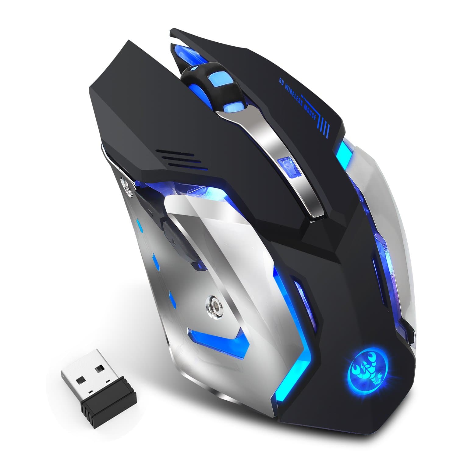 Rechargeable 2.4Ghz Wireless Gaming Mouse with USB Receiver,7 Colors Backlit for MacBook, Computer PC, Laptop (600Mah Lithium Battery) (X70 Black)