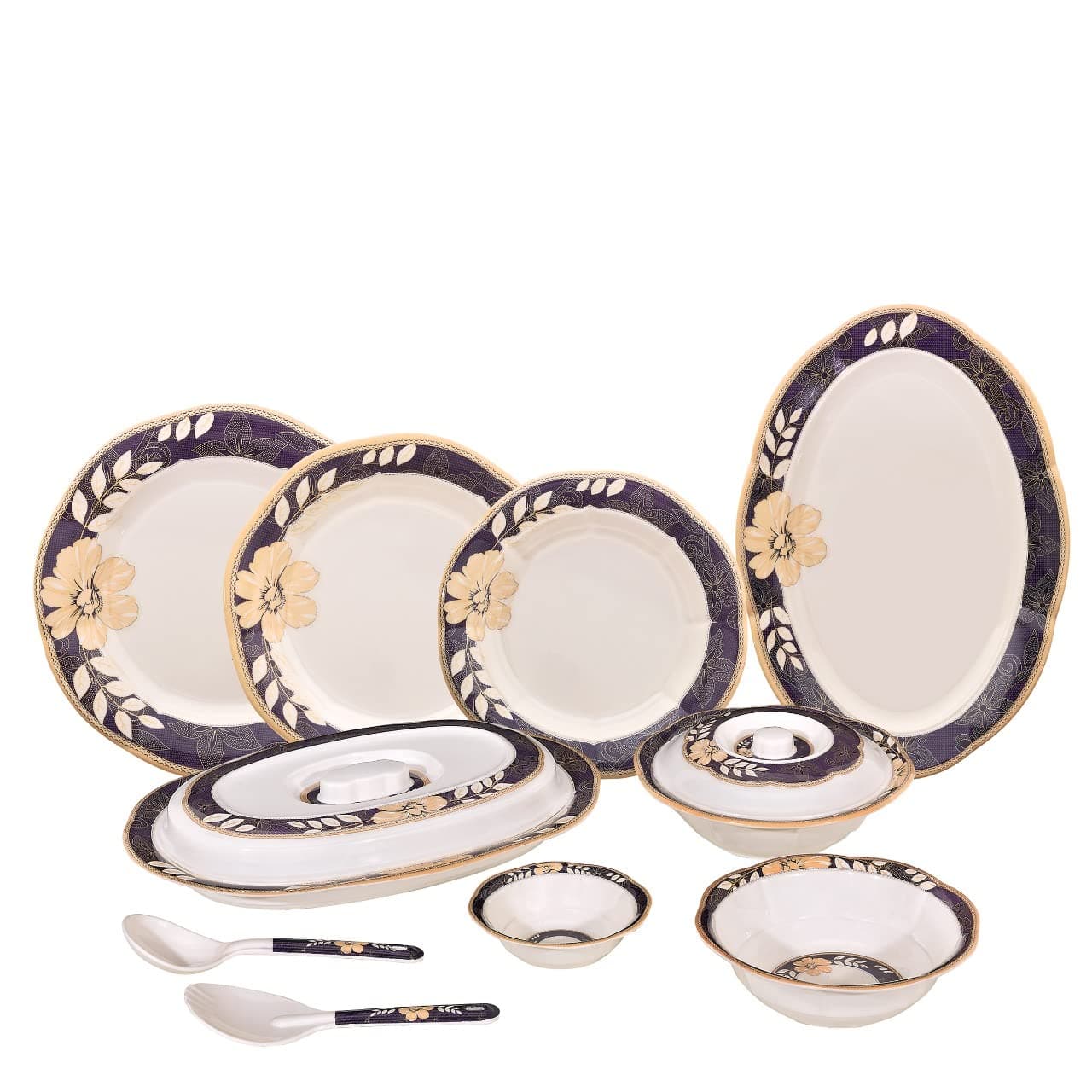 36 Piece Melamine Dinnerware Contemporary Flower Print Design Set, Shatterproof, Lightweight, Artisanal Double Bead Plates & Bowls, Solid Reactive Glazes Dinner (Purple & Orange)