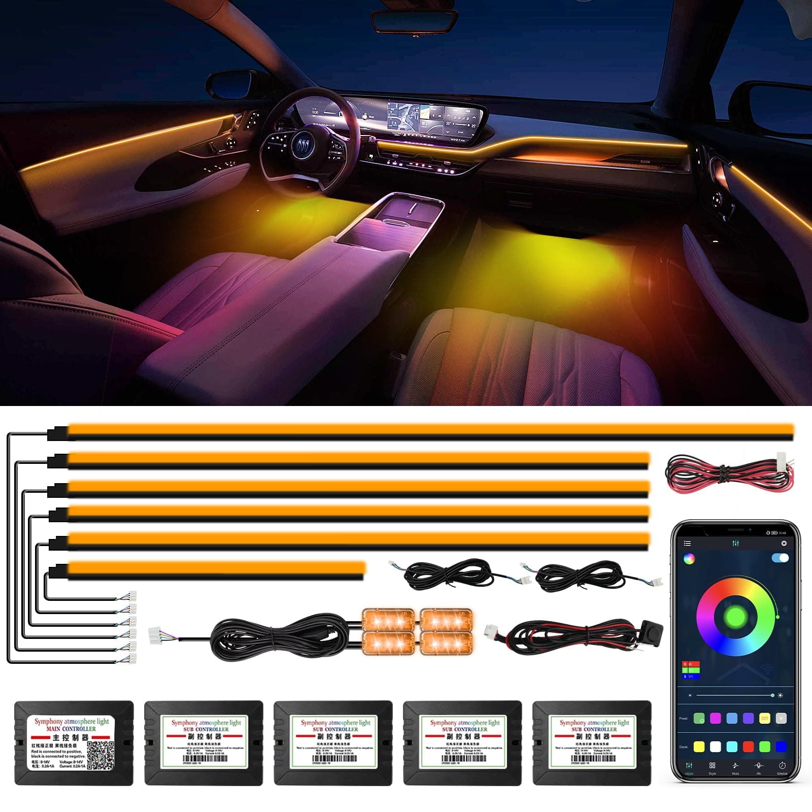 Acrylic Interior Car Lights, WEBUPAR Car Accessories 10 in 1 Car LED Strip Lights with APP Control, 175 inches 593 LEDs Fiber Optic Lights, RGB Neon Light Kits