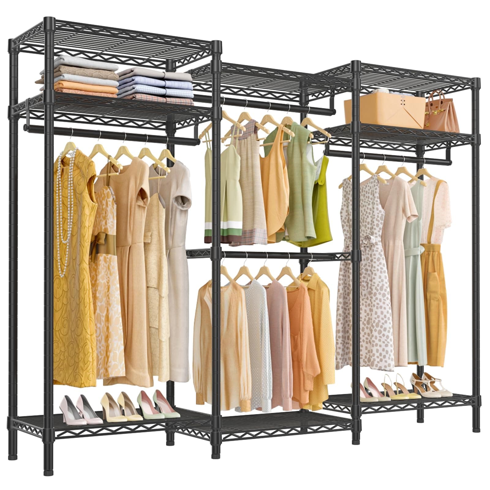 V5i Garment Rack Heavy Duty Clothes Rack for Hanging Clothes, Portable Wardrobe Closet Freestanding Clothing Rack with 8 Adjustable Shelves & 4 Hang Rods, 68.9" L x 15.7" W x 76.4" H, Black