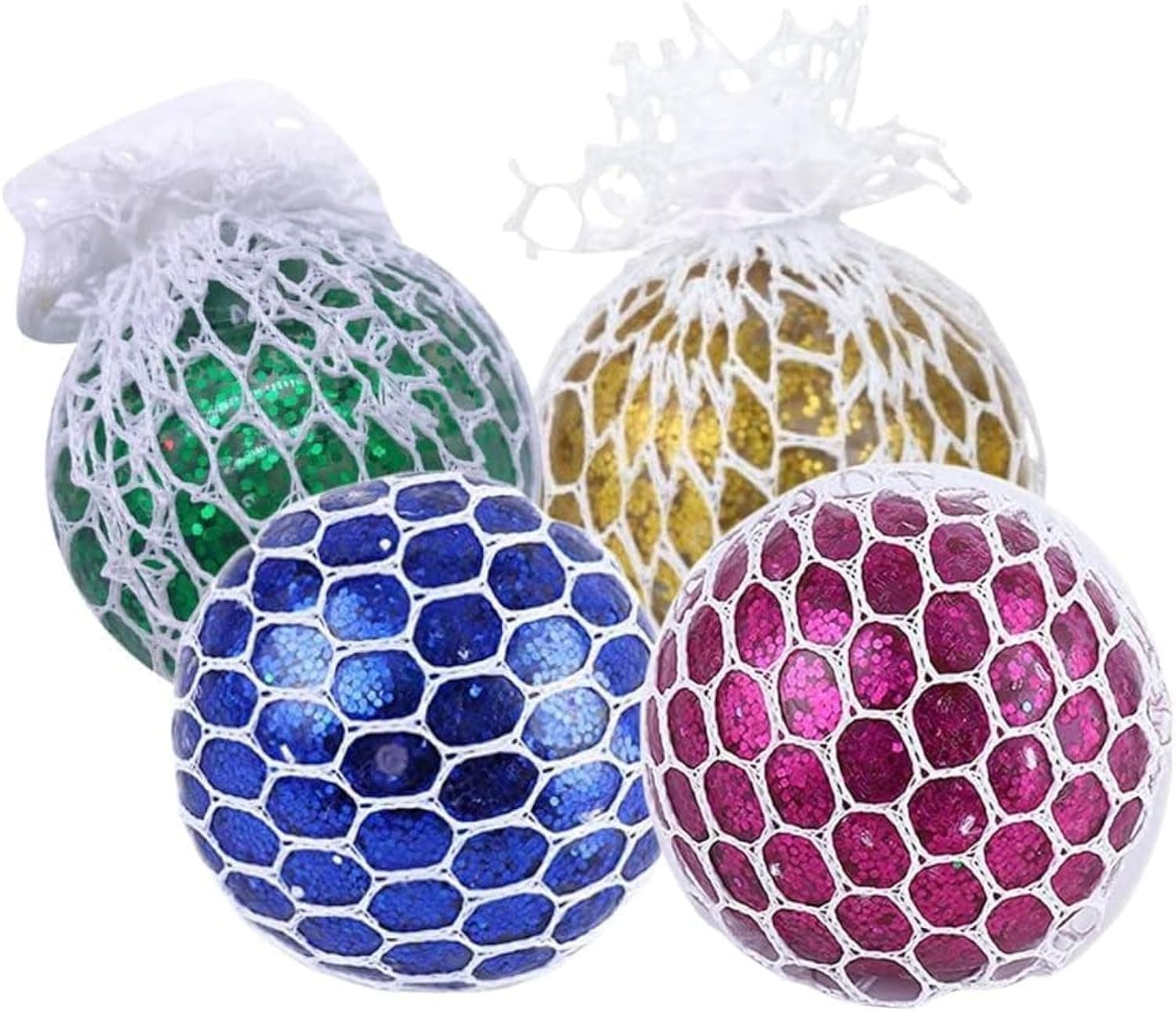 4 Pcs Fancy Glitter Sparkling Squishy Mesh Ball Stress Relief Squeeze Bling ball Anti-Stress Relief Toy (Random Colors)