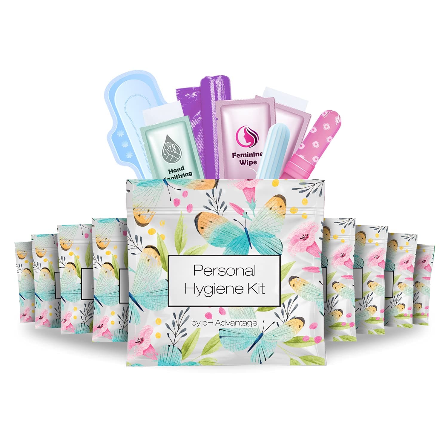 Menstrual Kit All-in-One 10 Pack | Convenience on The Go | Period Kit Pack for Travelling, Tweens & Teenager | Individually Wrapped Feminine Hygiene Product (Butterflies)
