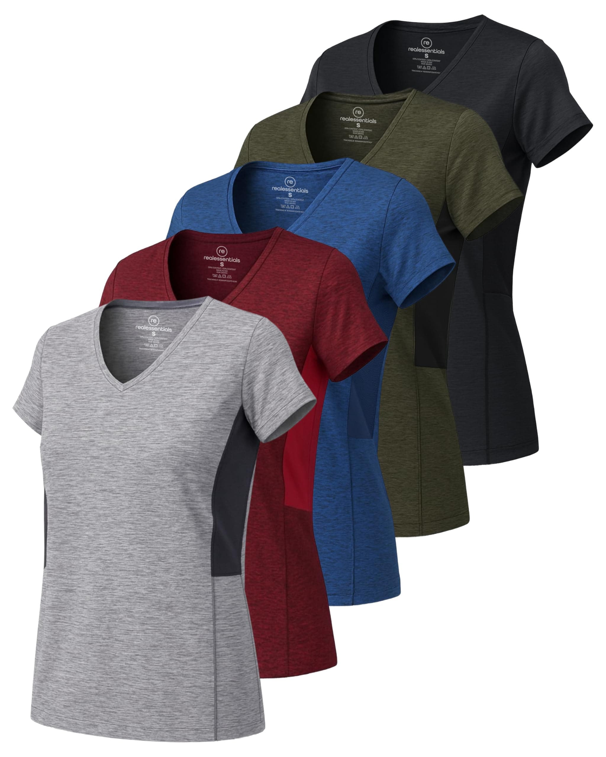 Real Essentials 5 Pack: Women's Dry-Fit Short Sleeve V Neck T Shirt Workout Fitness Yoga Top Tee (Available in Plus Size)