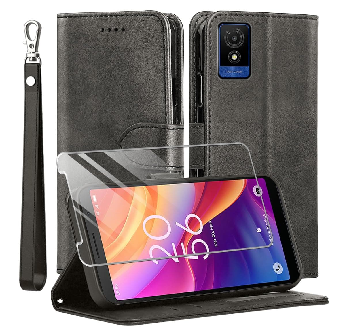 for TCL 501 Case and 1 Tempered Glass Screen Protector, Leather Wallet Phone Case with Card Slots Magnetic Closure Kickstand Protective Cover for TCL 501 - Black