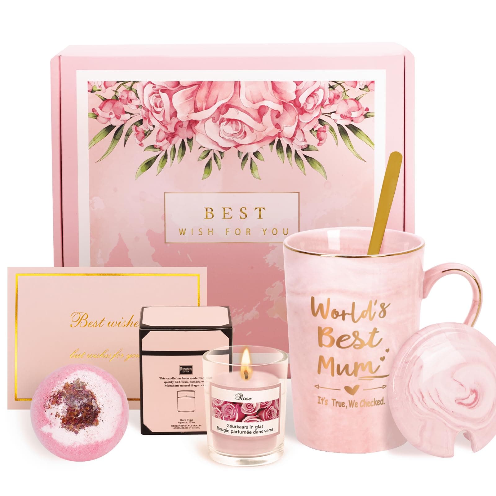 Joymaking World's Best Mum Coffee Mug Set - 14Oz Pink Marble Ceramic Coffee Cup Set for Mum, Mothers Day, Christmas, Birthday Gifts from Daughter or Son