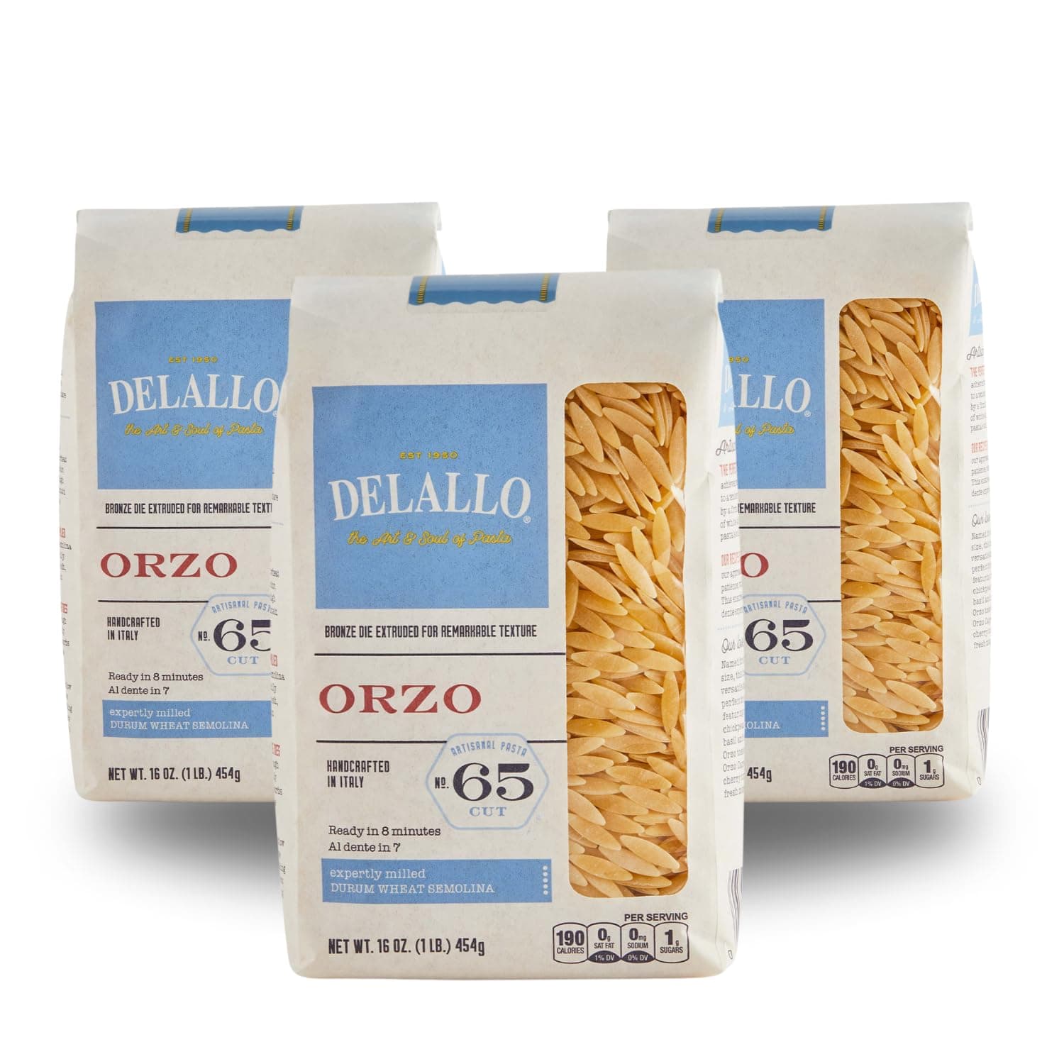 DeLallo Orzo Rice-Shaped Pasta, 1 Pound Bag, (3 Pack), Pastina Made in Italy, Made with Only 100% Durum Wheat Semolina Non-Enriched Flour, Bronze Cut, Non-GMO, Kosher, Vegan