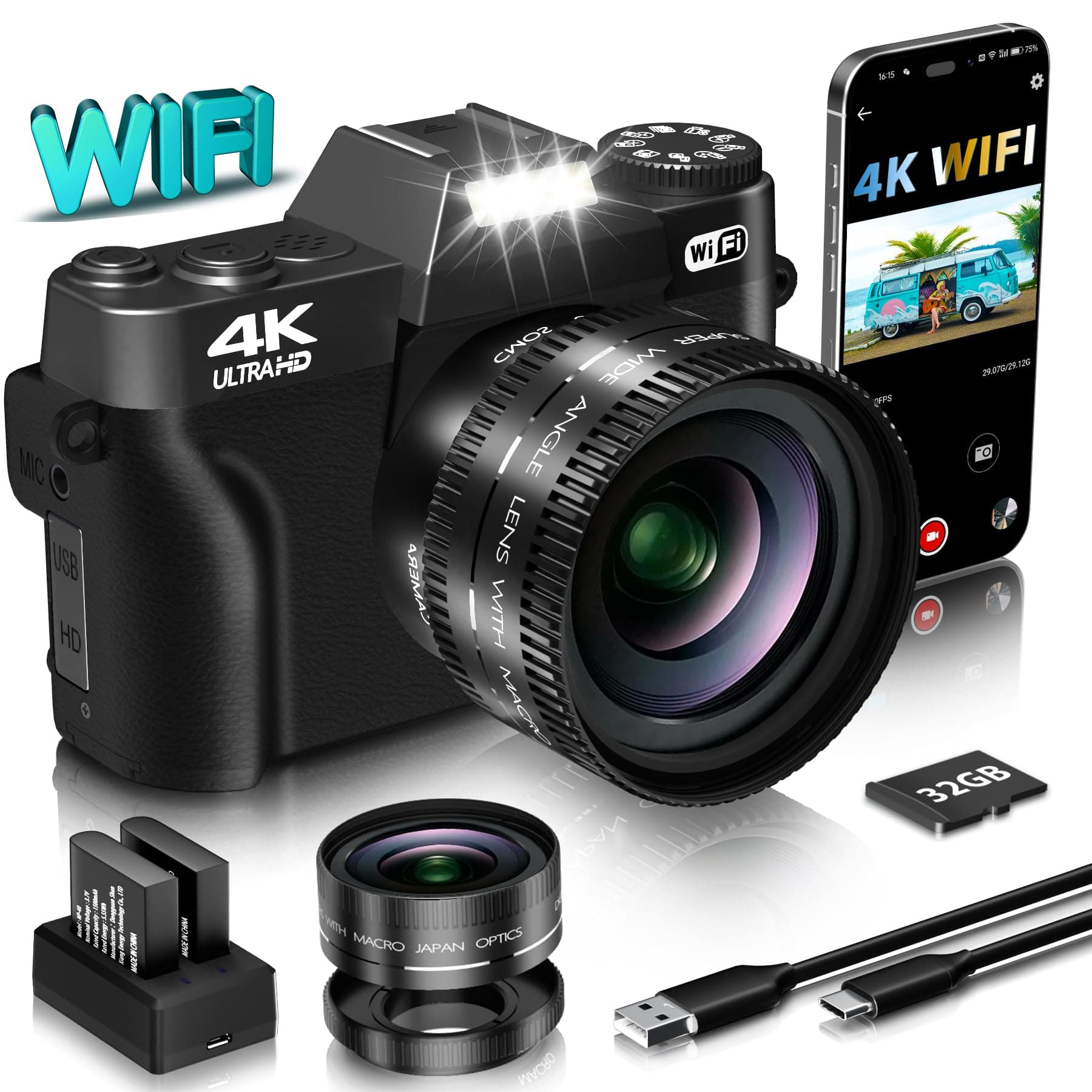 Digital Camera for Photography VJIANGER 4K 48MP Vlogging Camera for YouTube with WiFi, 180 Degree Flip Screen, 16X Digital Zoom, 52mm Wide Angle & Macro Lens, 2 Batteries, 32GB TF Card(W02 Black6)
