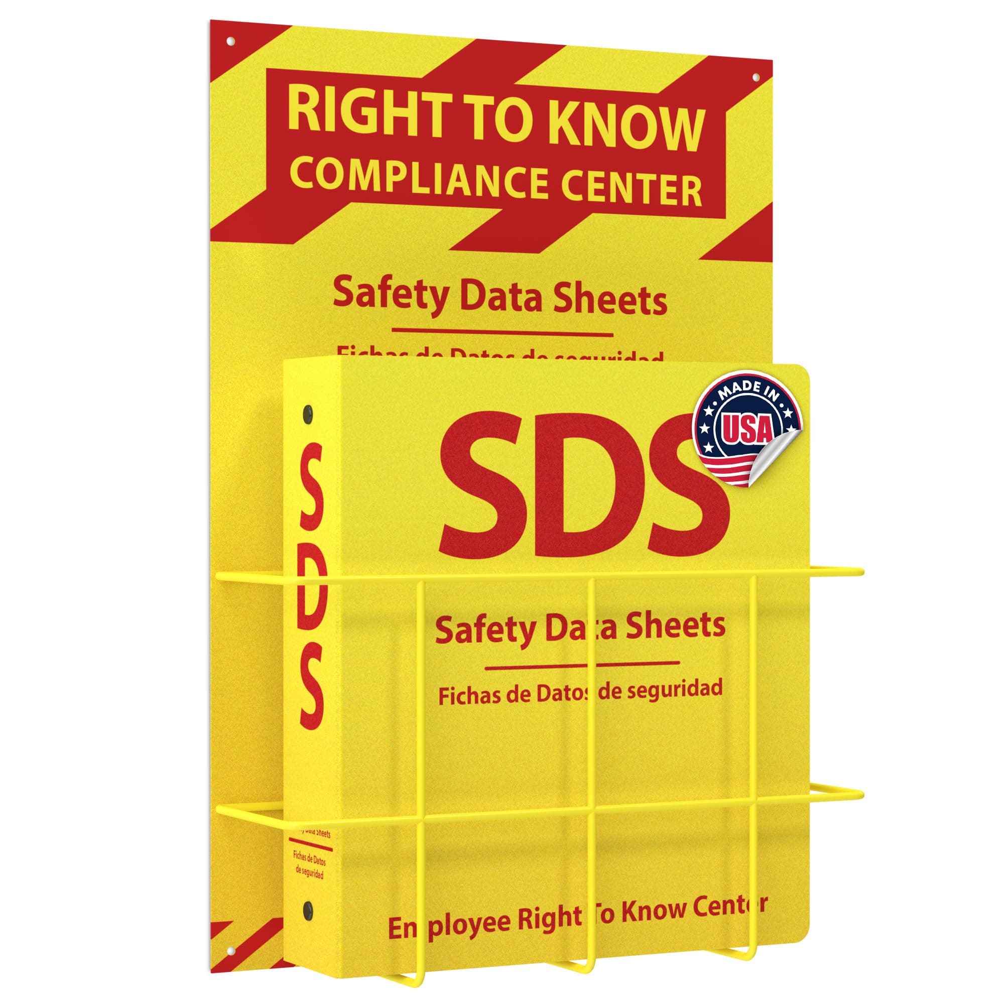 OSHA-Compliant SDS/MSDS Binder with Wall Mount, 2inch 3-Ring, High-Visibility Yellow & Red, Holds up to 400 Sheets, Bilingual (English/Spanish), Durable & Easy to Install for Workplace Safety