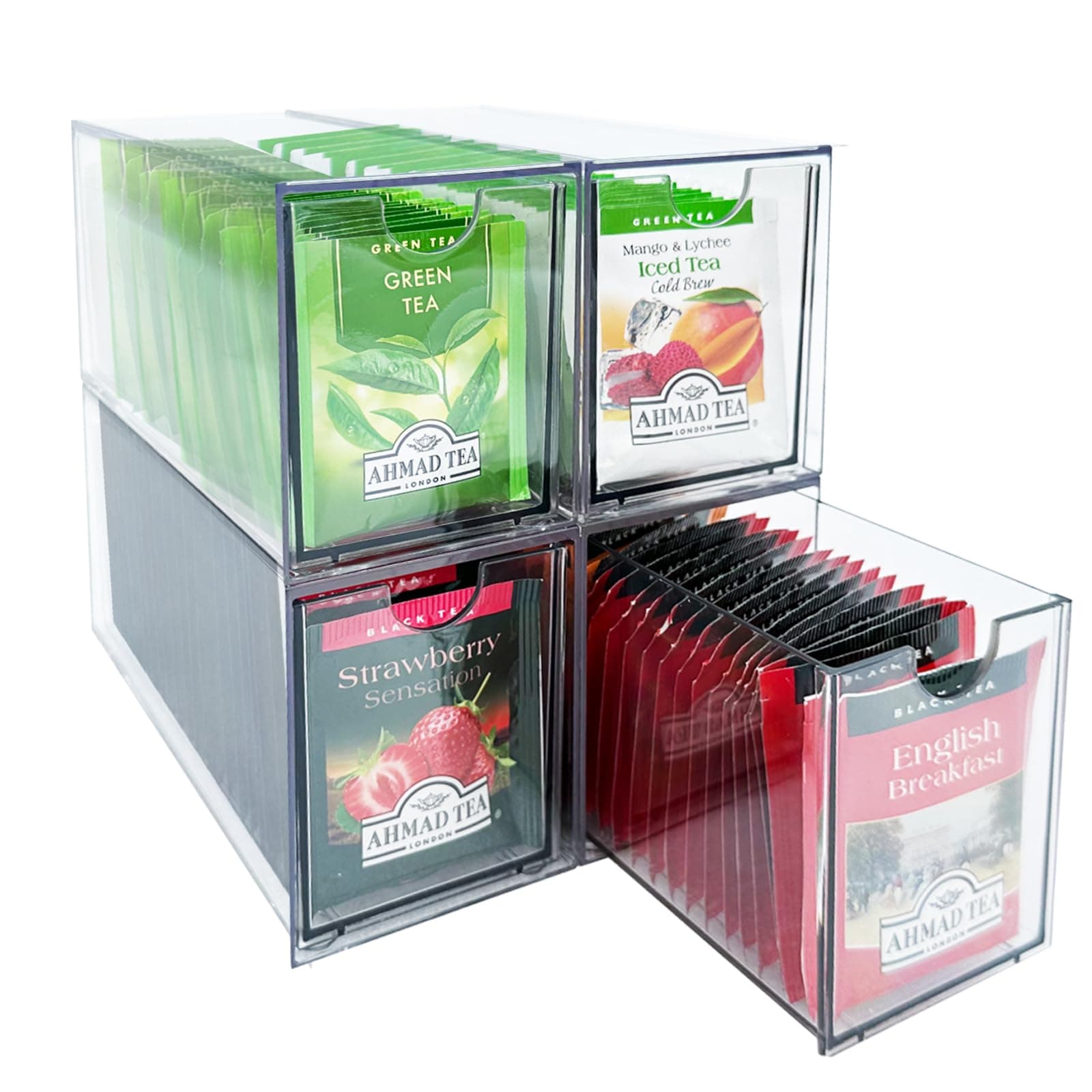 4-Pack Tea Bag Drawers Organizer - 4 Clear Plastic Drawer Tea Bag Holder; Stackable & Portable; Wider Size; Well-Organized Storage for Tea Bags & Kitchen Essentials