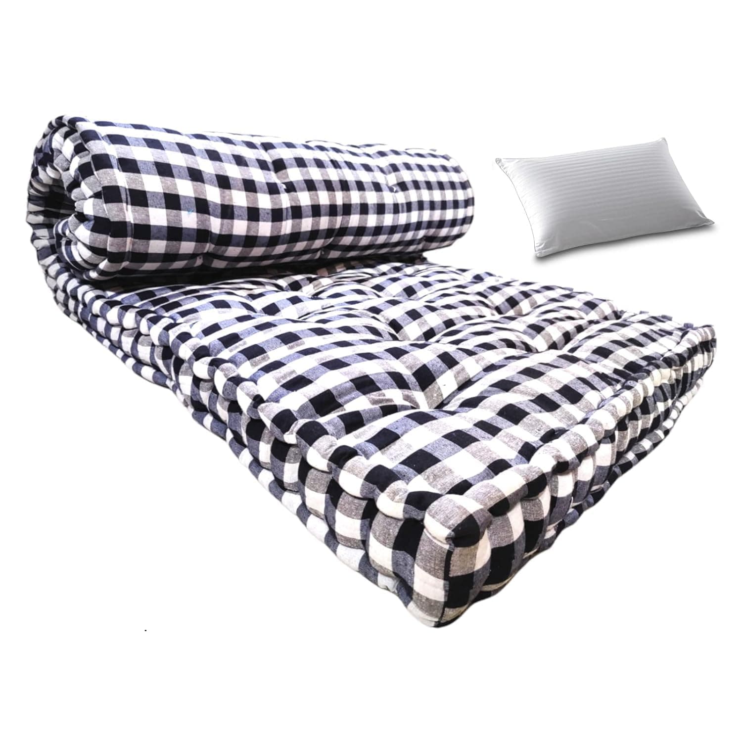 5-Inch thick Soft Cotton Box Mattress | Medium Firm Single Bed Mattress with Pillow | Black and White (Small Single (6X2.5ft or 72X30 Inches))