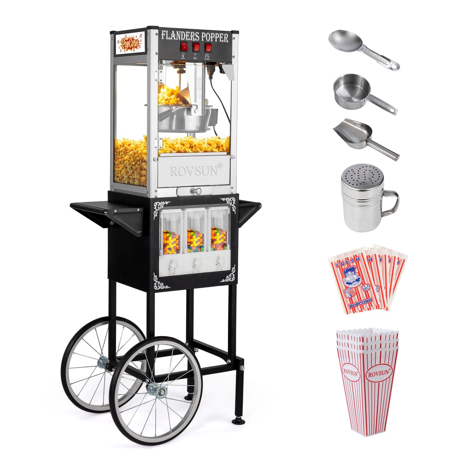 Popcorn Machine with Cart, Wheels & 8 Ounce Kettle Makes Up to 32 Cups, Popcorn Maker w/Candy Dispensers Scoop Oil Spoon & 3 Popcorn Cups Movie Theater Style for Commercial Home, ETL Certified