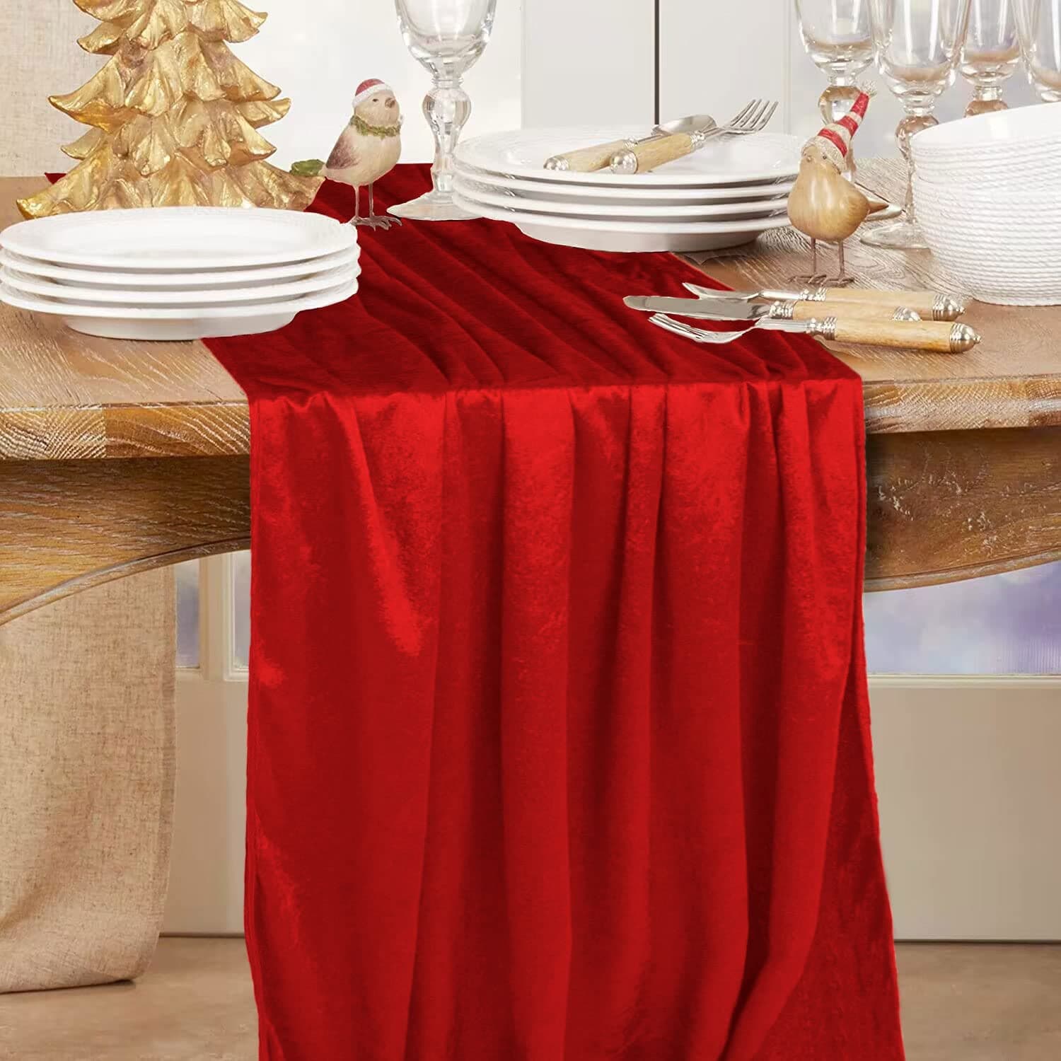 MODFUNS Velvet Fabric Red Table Runner 10FT Long Soft Luxury Linen Table Runner 29x120 Inch Christmas Red Dining Table Cloth Overlay Farmhouse Table Runners for Parties Dresser Scarves for Wedding