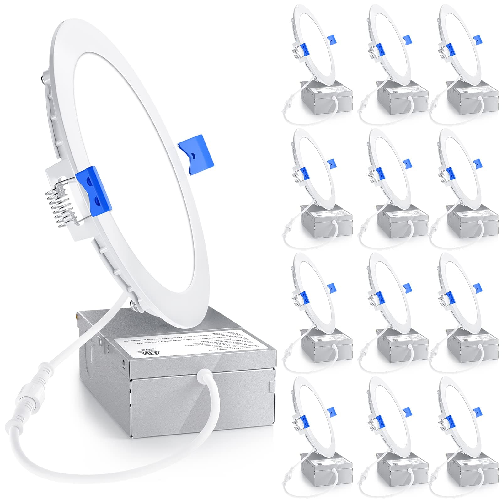 Ensenior 12 Pack 6 Inch LED Recessed Light, Dimmable, 6000K Clear White, 1200LM High Brightness, 12W 120V, 2 Pin, ERL-12X-ETL, Damp Rated, Ultra-Thin Canless Wafer Ceiling Light - ETL & FCC & IC