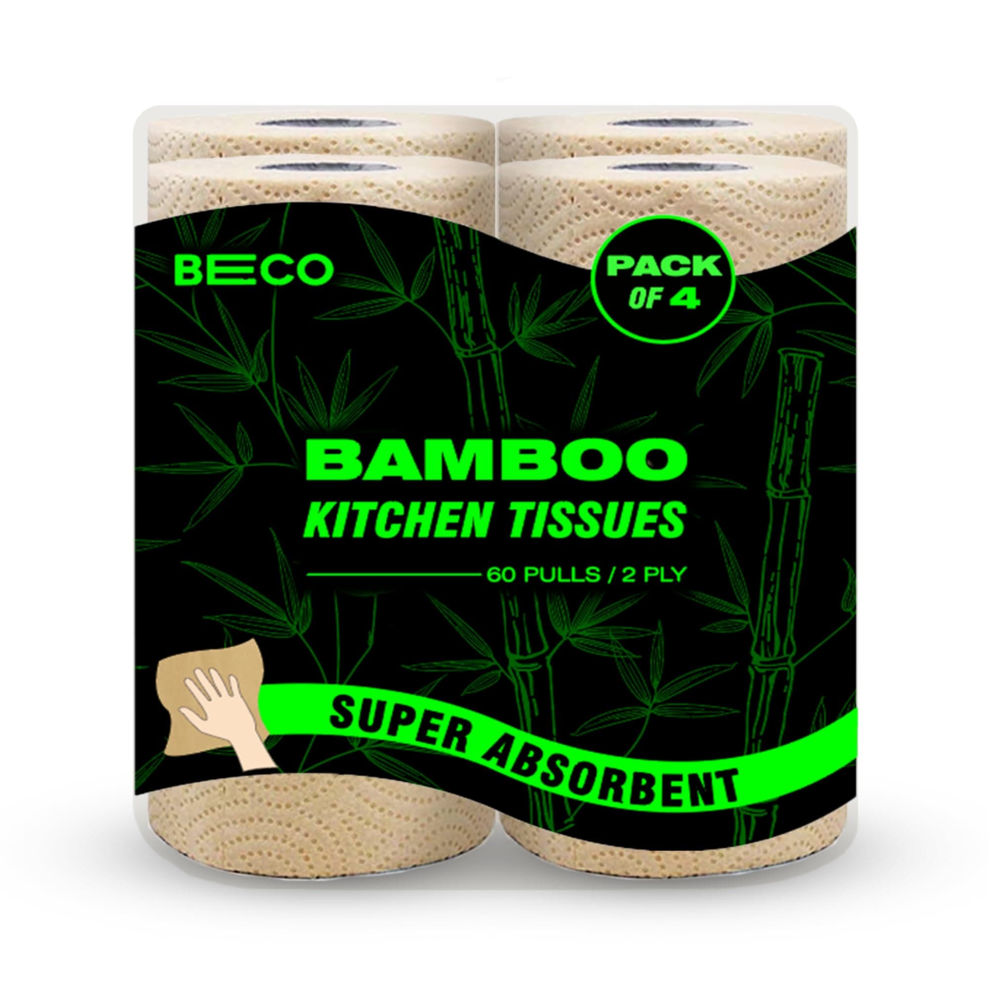 Beco Bamboo -2 Ply Kitchen Tissue/Towel Roll | 240 Pulls (60 pulls x 4 Rolls) | 100% Eco-Friendly - Pure Bamboo Pulp |Soft & Super Absorbent | Food Safe & Chemical Free Tissue Papers