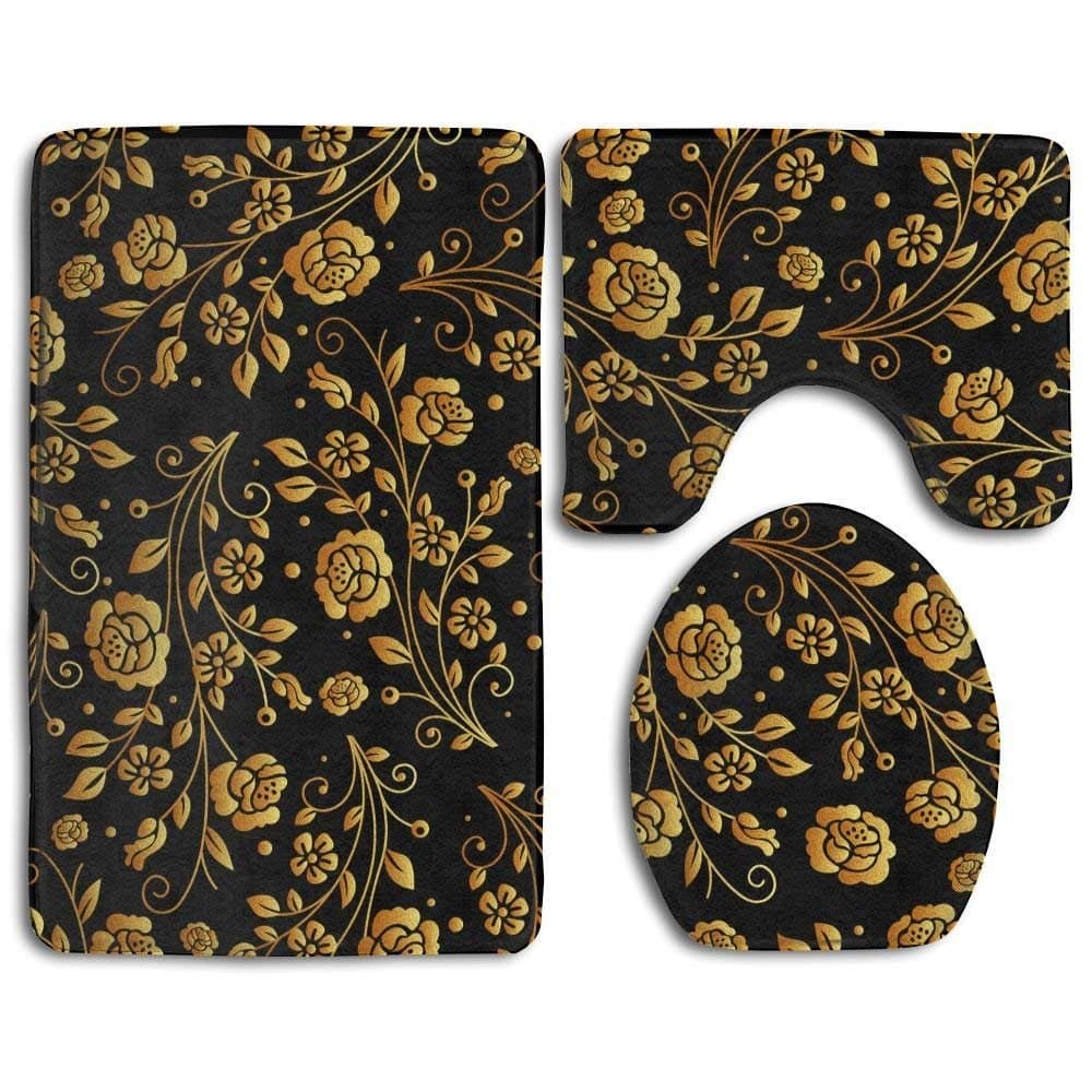 Black Gold Rose 3 Piece Set Soft Flannel Bathroom Rug U Contour Mat Lid Toilet Cover Non-slip