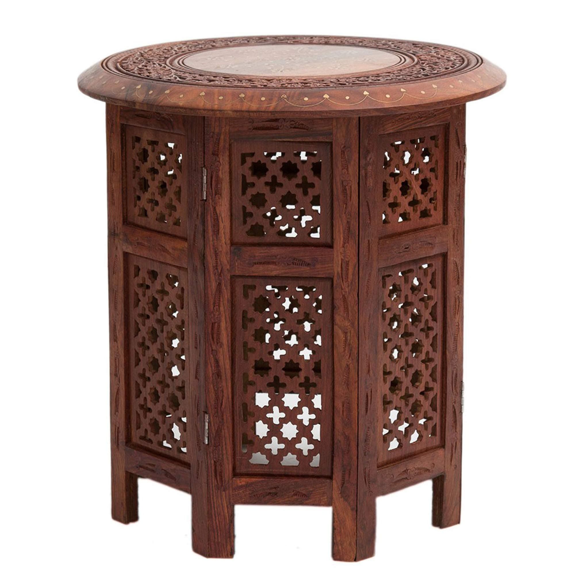 Hand Carved Accent Table - 24 Inch Round Top x 24 Inch High - Antique Light Brown