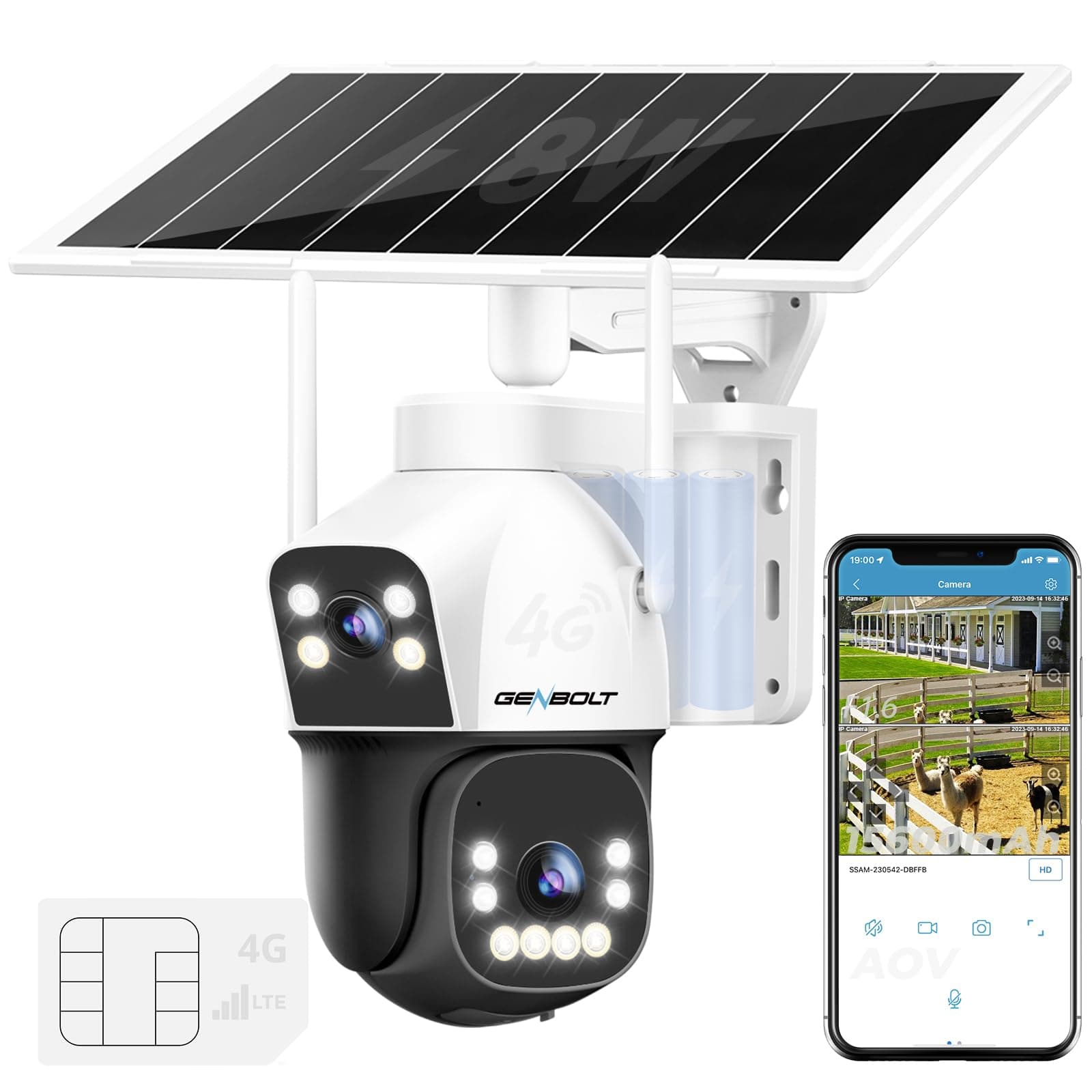GENBOLT 4G AOV Cellular Solar Security Camera Outdoor Wireless, 7/24 Recording 3MP+3MP No WiFi IP Surveillance Camera with Sim Card, 8W 15600mAh Battery Operated LTE Camera CCTV