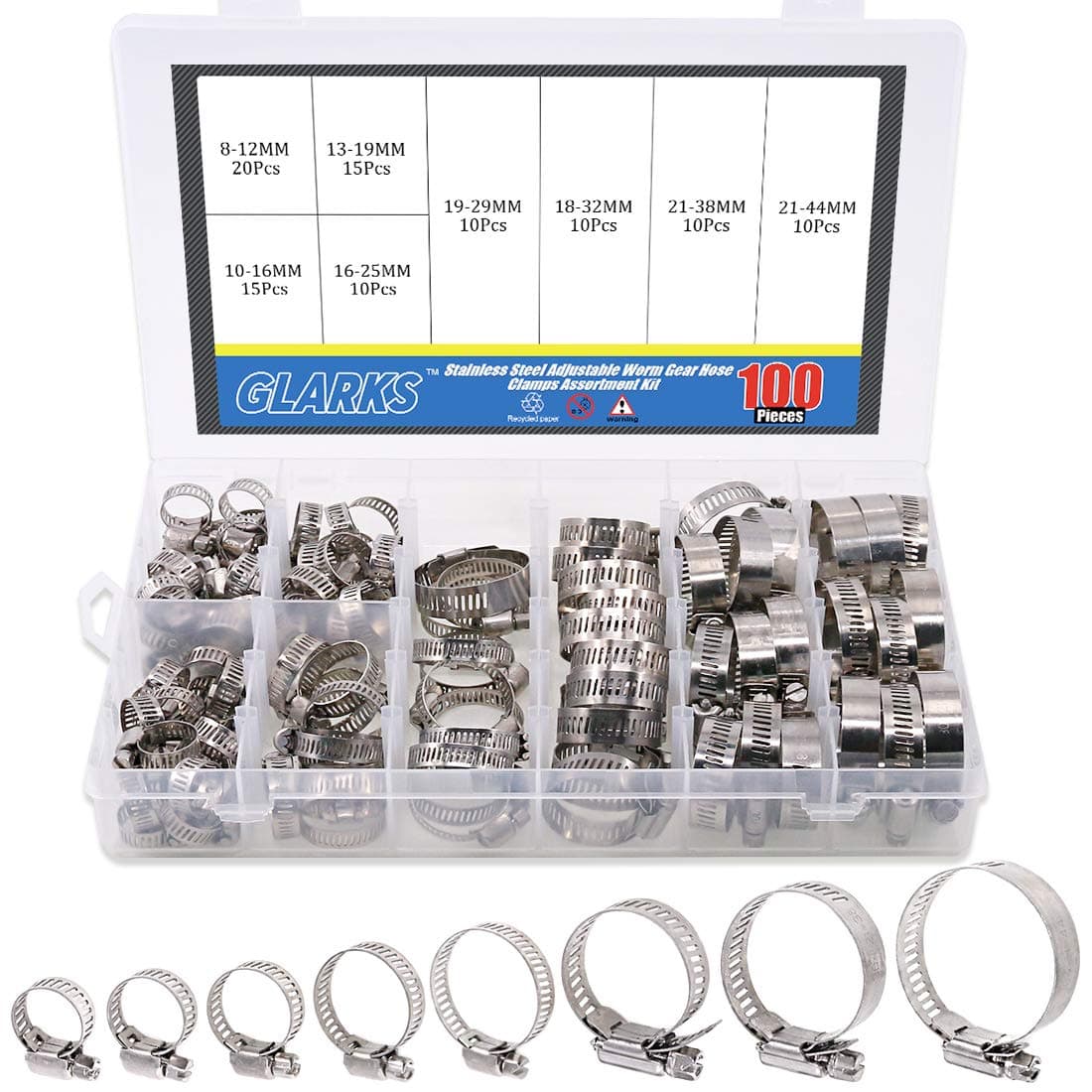 100Pcs Adjustable 8-44mm Range 304 Stainless Steel Worm Gear Hose Clamps Assortment Kit, Fuel Line Clamp for Water Pipe, Plumbing, Automotive and Mechanical Application (Hose Clamp Kit)