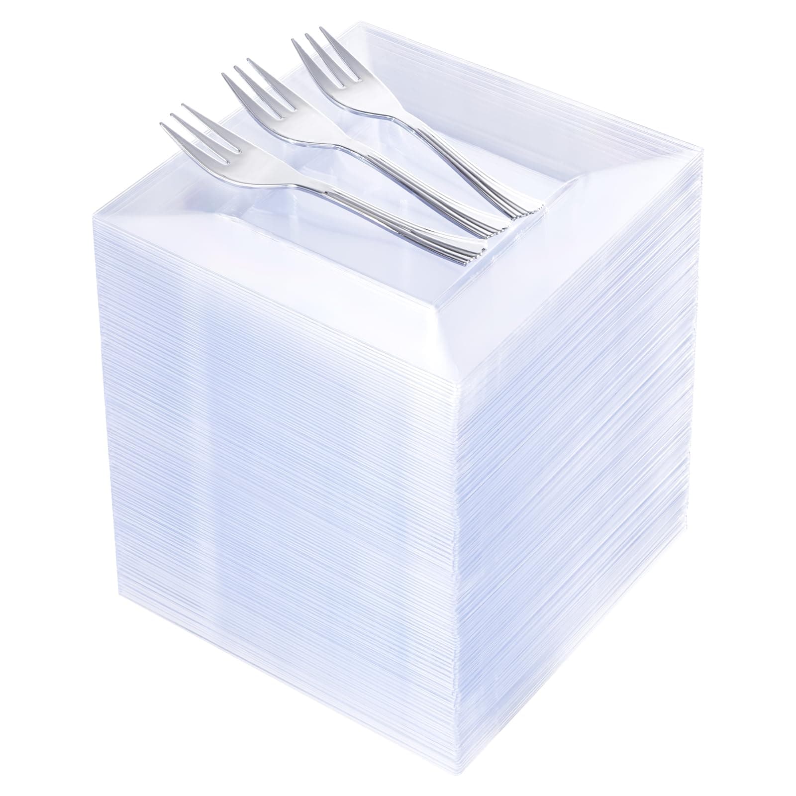 supernal 200pcs Clear Dessert Plates with 100 Silver Dessert Fork, 100 Clear Square Plates, Appetizer Plates,Silver Plastic Silverware, Perfect Choice for Wedding and Party,Afternoon Tea Easter