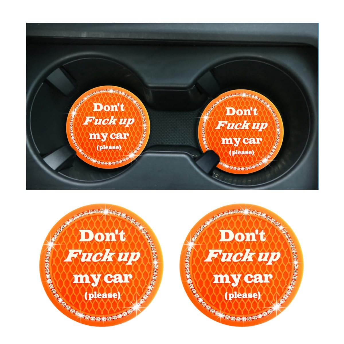 2 PCS Bling Car Cup Coaster, 2.75 Inch Anti-Slip Cup Holder Insert Coasters, Crystal Rhinestone Auto Drink Car Cup Mat for Women Girls, Universal Interior Car Accessories (Orange)