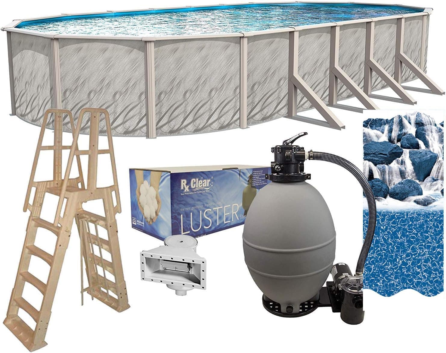 Lake Effect Pools 'Meadows Reprieve' 18 ft x 33 ft Oval Above Ground Swimming Pool Bundle | 52 Inch Steel Sided Walls | Kit Includes: 25 Gauge Liner, A-Frame Ladder, Sand Filter/Pump, & Skimmer