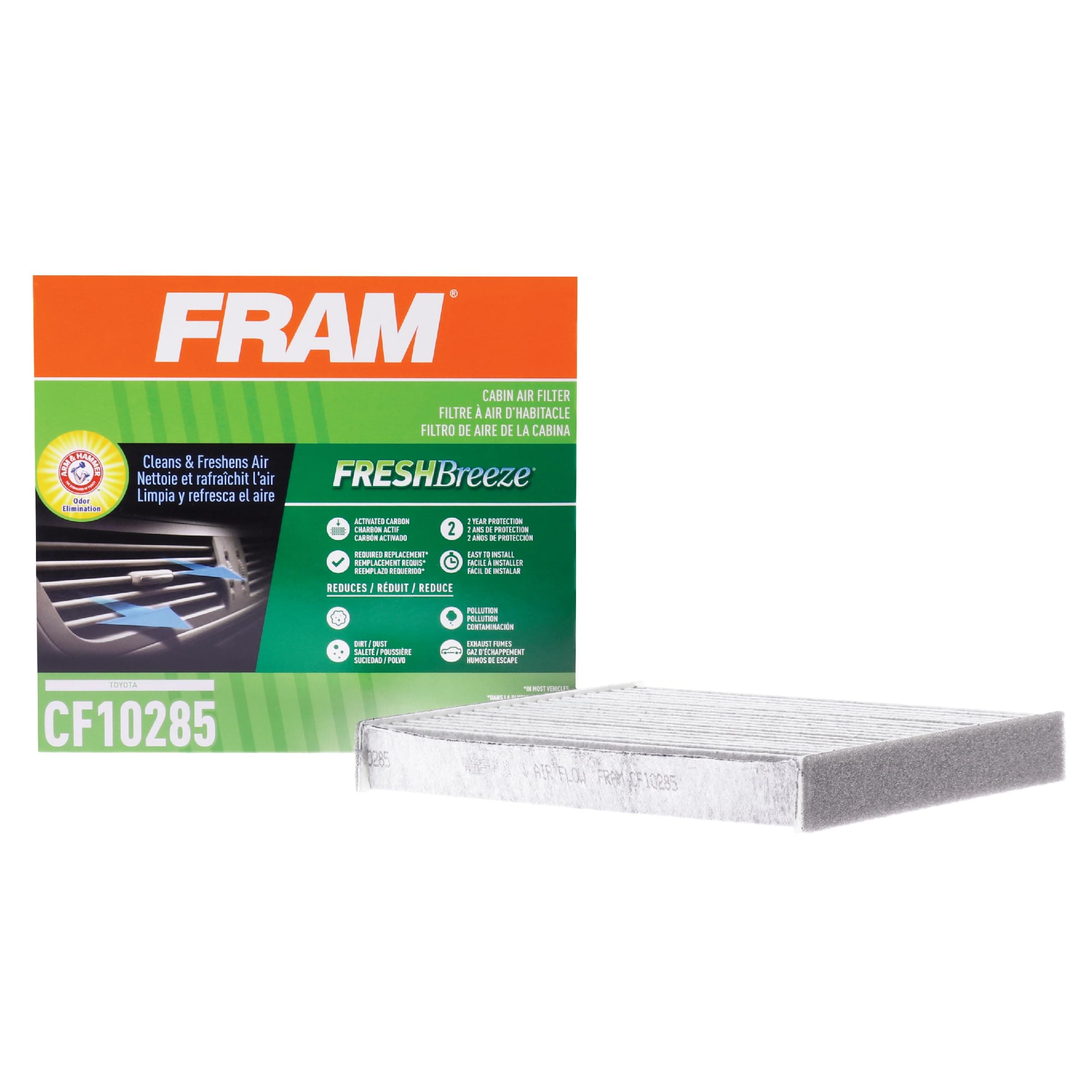 FRAM Fresh Breeze Cabin Air Filter Replacement for Car Passenger Compartment w/Arm and Hammer Baking Soda, Easy Install, CF10285 for Toyota Vehicles, white