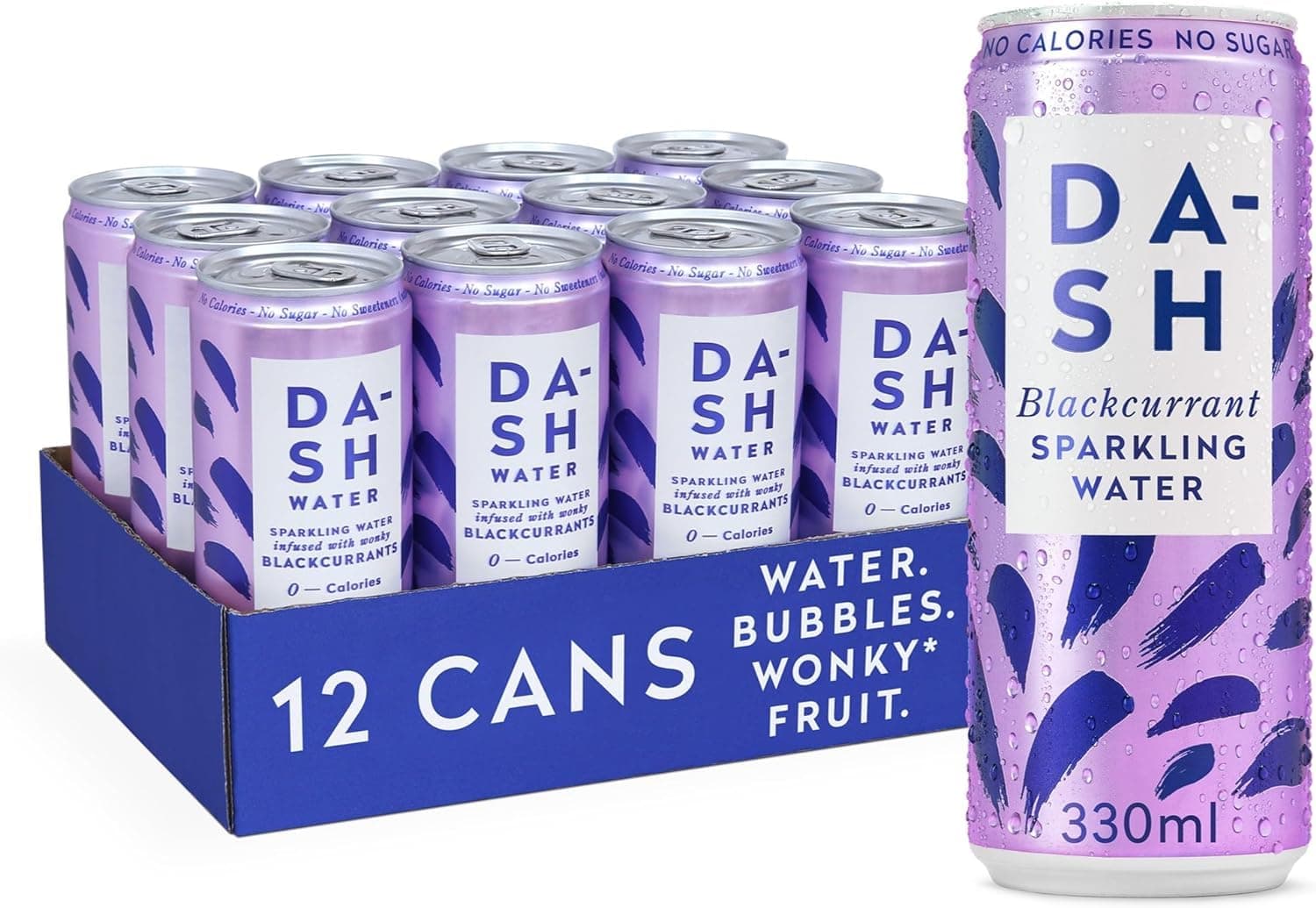 DASH Water Blackcurrant - 12 x Flavoured Sparkling Spring Water - NO Sugar, NO Sweetener, NO Calories - Infused with Wonky Fruit (12 x 330ml cans)
