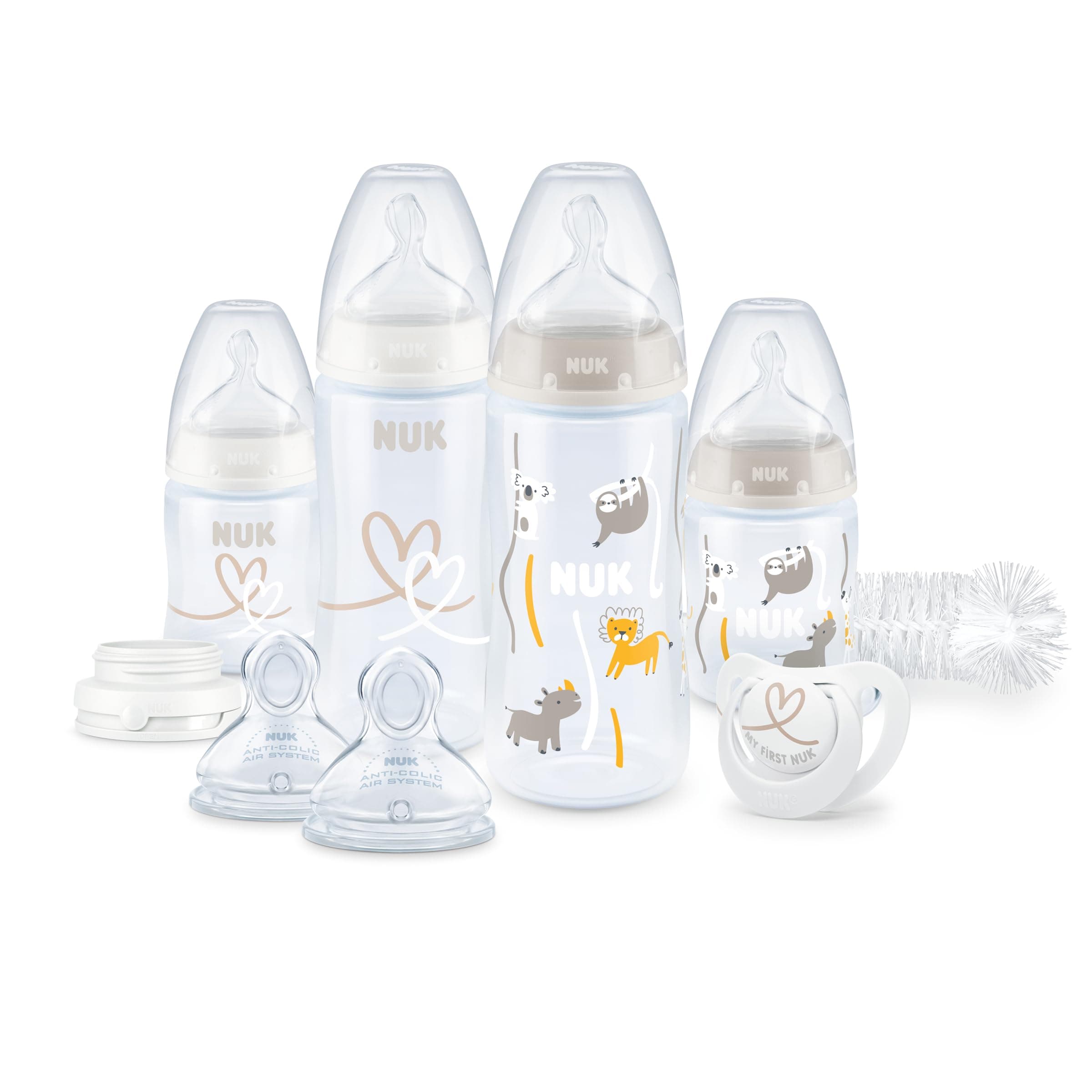 Perfect Start First Choice+ Baby Bottles Set | 0-6 Months | 4 x Temperature Control Bottles, Dummy, Bottle Brush & More | BPA-Free | Safari | 10 Count