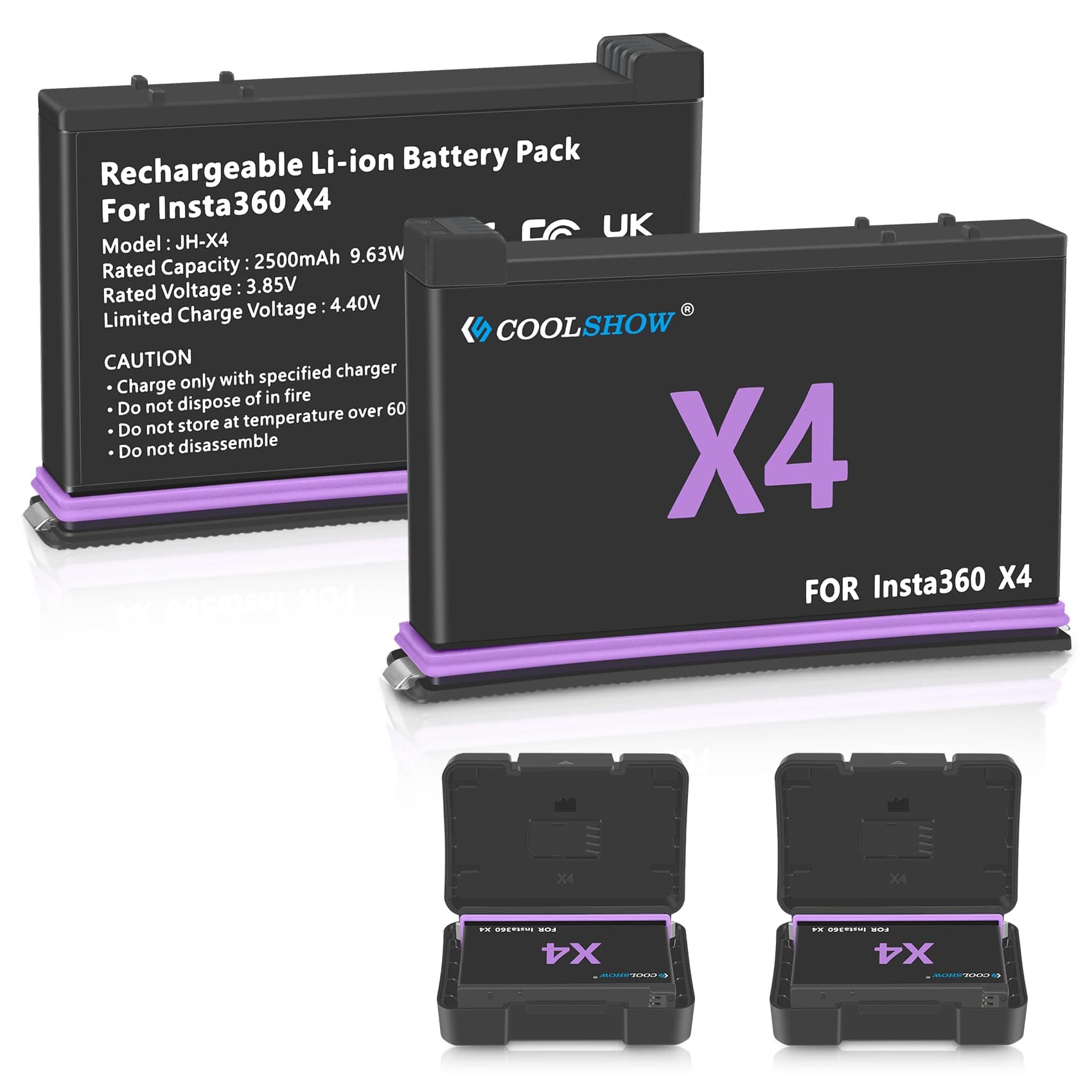 COOLSHOW Action Camera X4 Battery Replacement 2500mAh 2 Packs Only Compatible with Insta360 X4 Camera