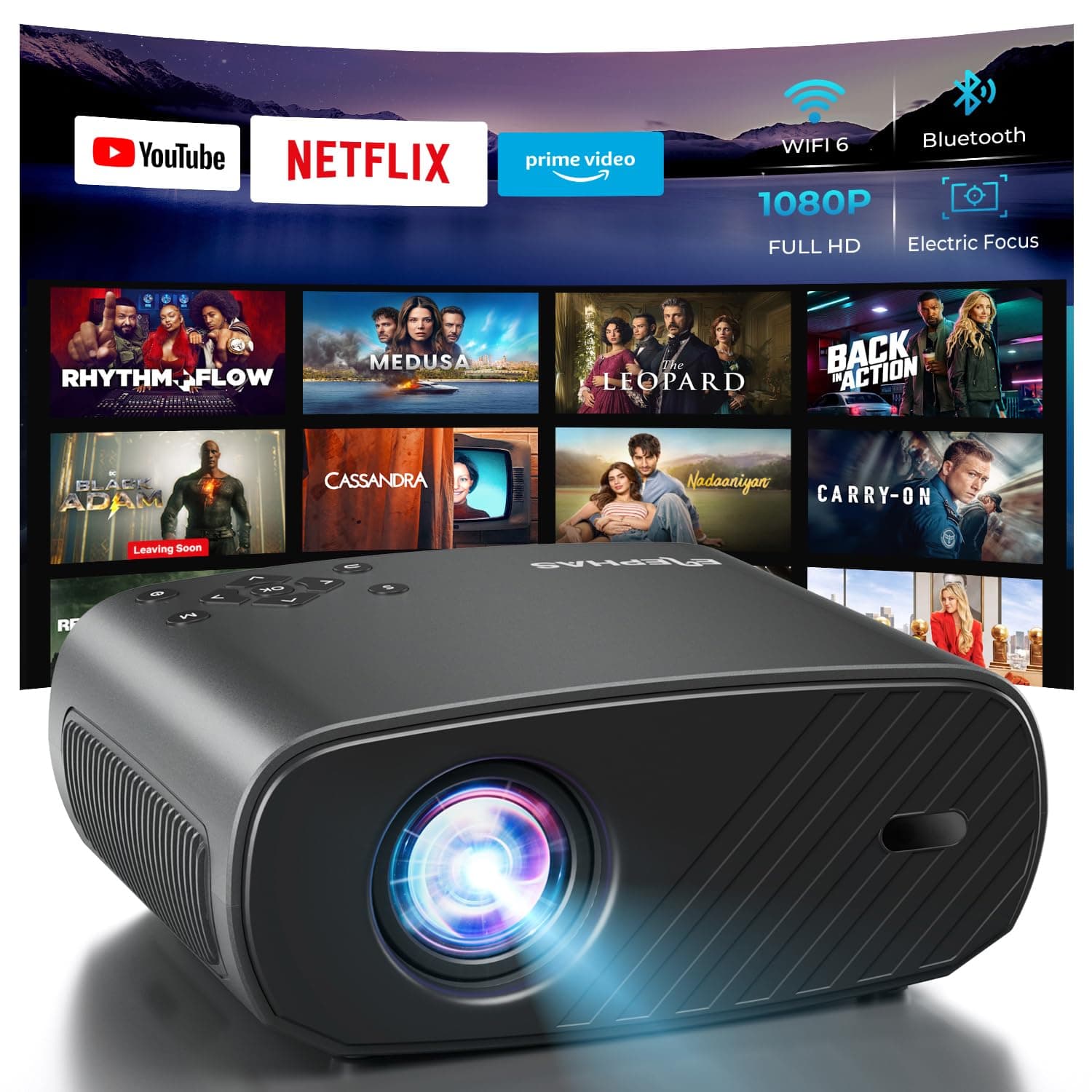 ELEPHASProjector with WiFi & Bluetooth - 800 ANSI Lumens HD Home Theater, Officially Licensed Netflix/Prime Video/YouTube, Auto Keystone, HDMI/USB, iOS & Android Compatible