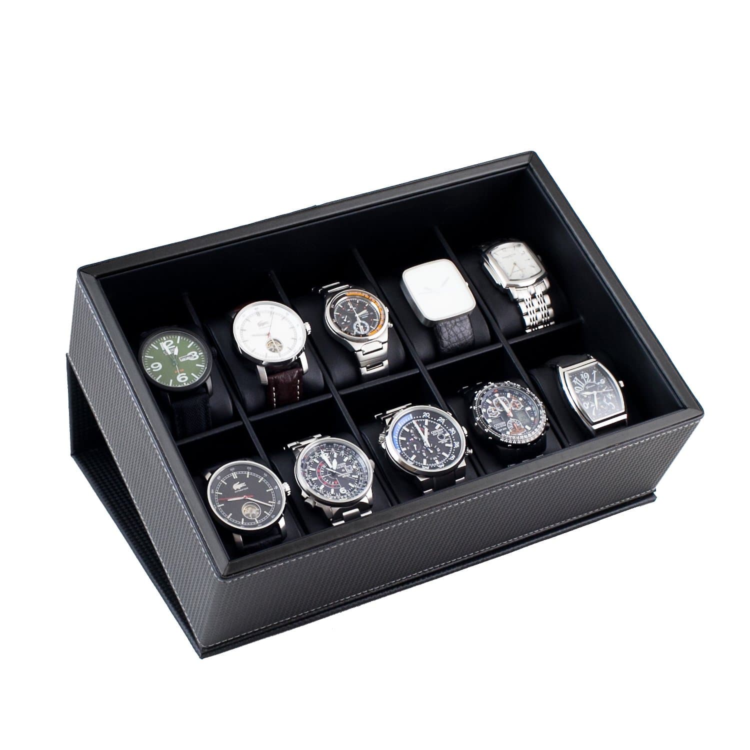 Watch Case Display Box Holds 10 Large Watches with Black Carbon Fiber Pattern Exterior and Jet Black Trim